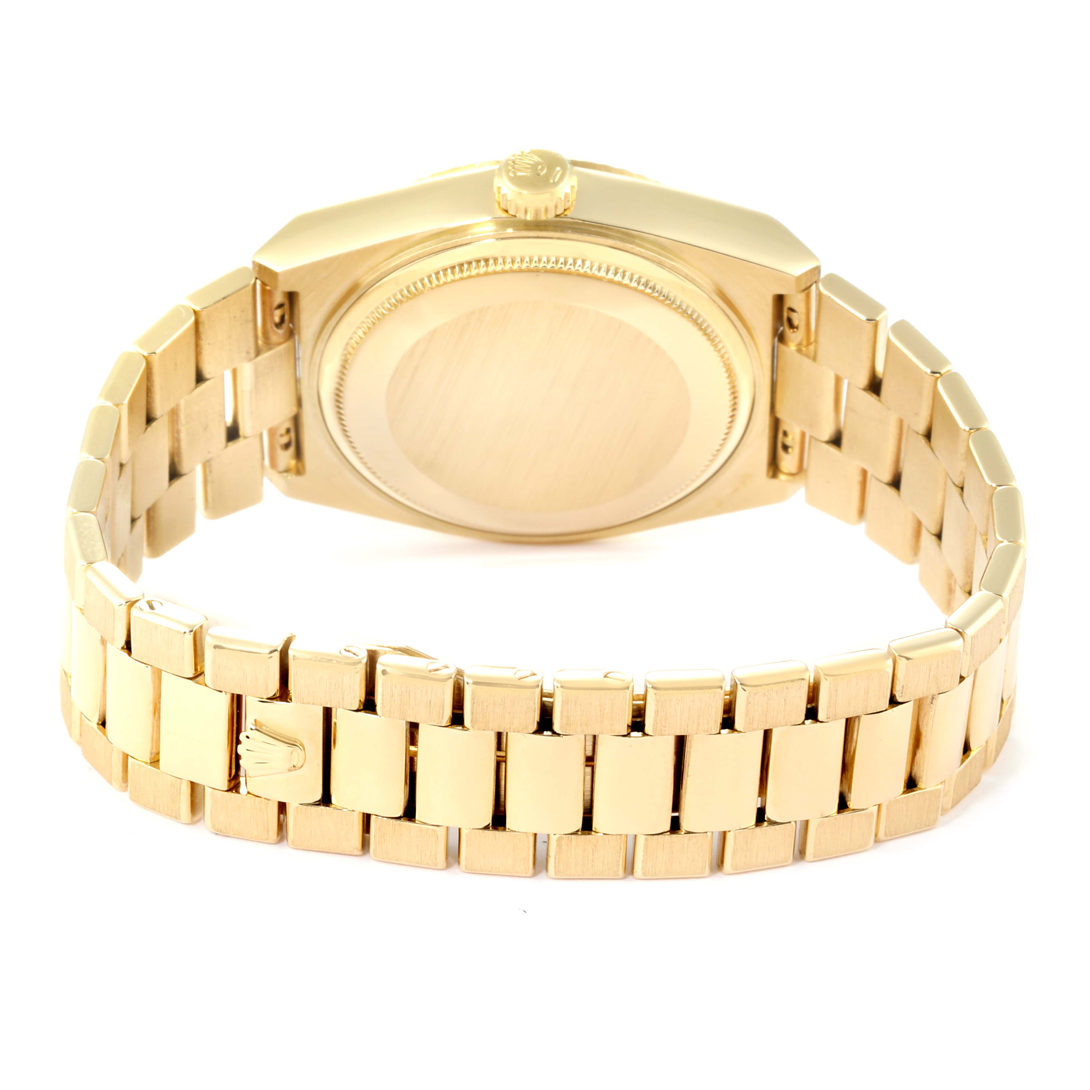 The image shows the back case and bracelet of a Rolex Oysterquartz 25260 Men
s Yellow Gold Champagne Dial 25260 Men
s Yellow Gold Champagne Dial watch viewed from the rear angle.