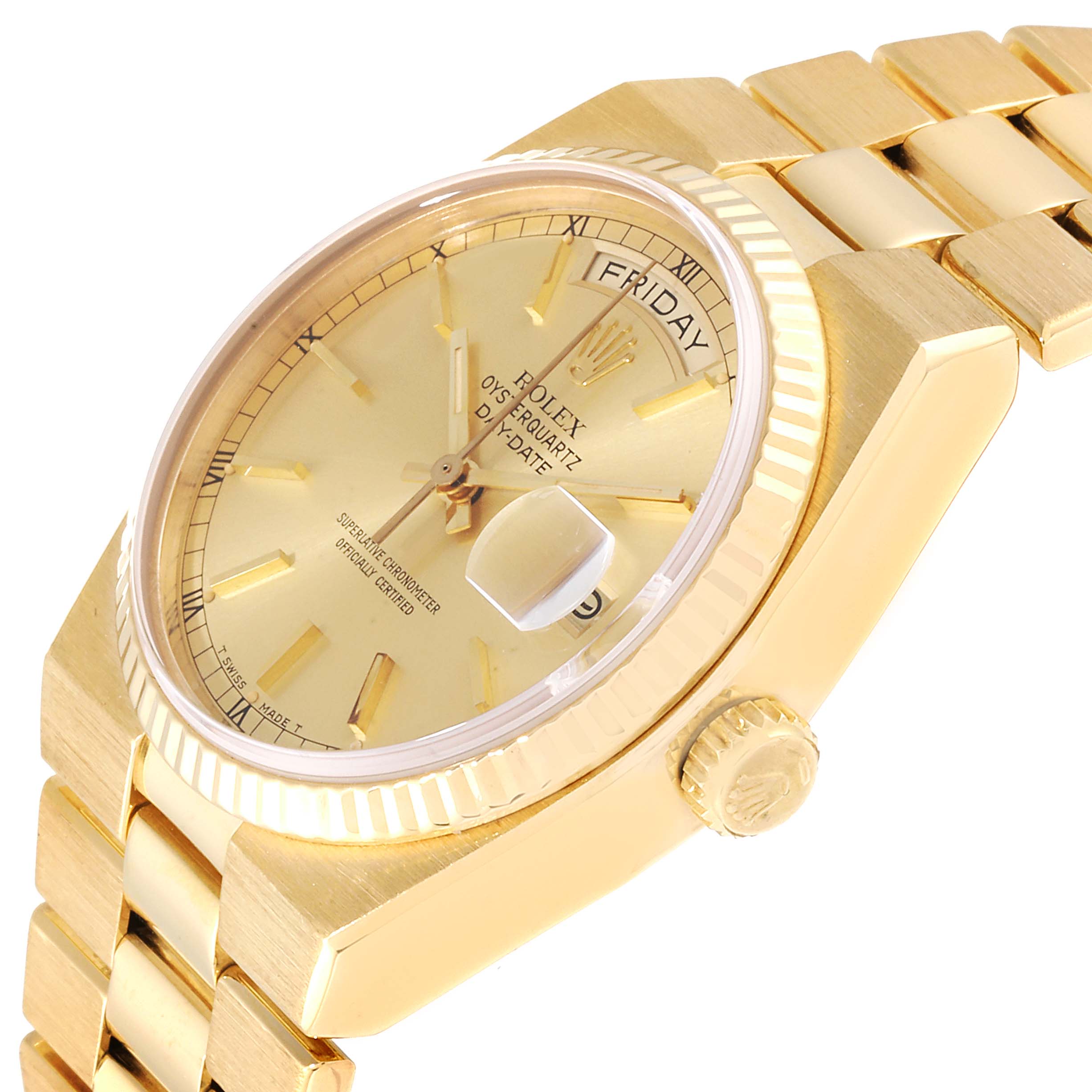 This image shows a Rolex Oysterquartz 25260 Men
s Yellow Gold Champagne Dial 25260 Men
s Yellow Gold Champagne Dial watch at an angled view displaying the dial, bezel, crown, and part of the bracelet.
