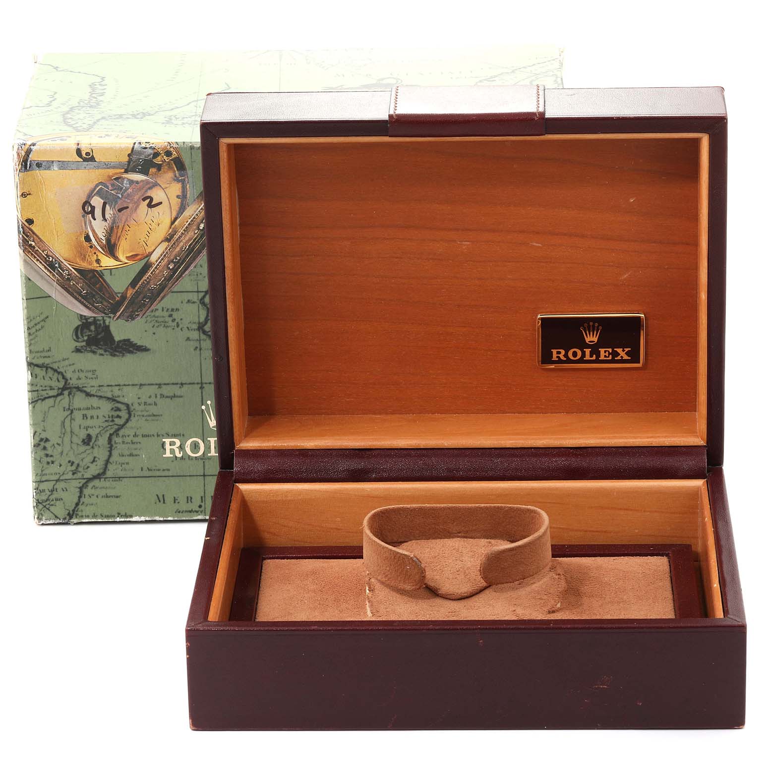 The image shows an empty Rolex Oysterquartz 25260 Men
s Yellow Gold Champagne Dial 25260 Men
s Yellow Gold Champagne Dial watch box with a cushion and the Rolex logo on the interior.