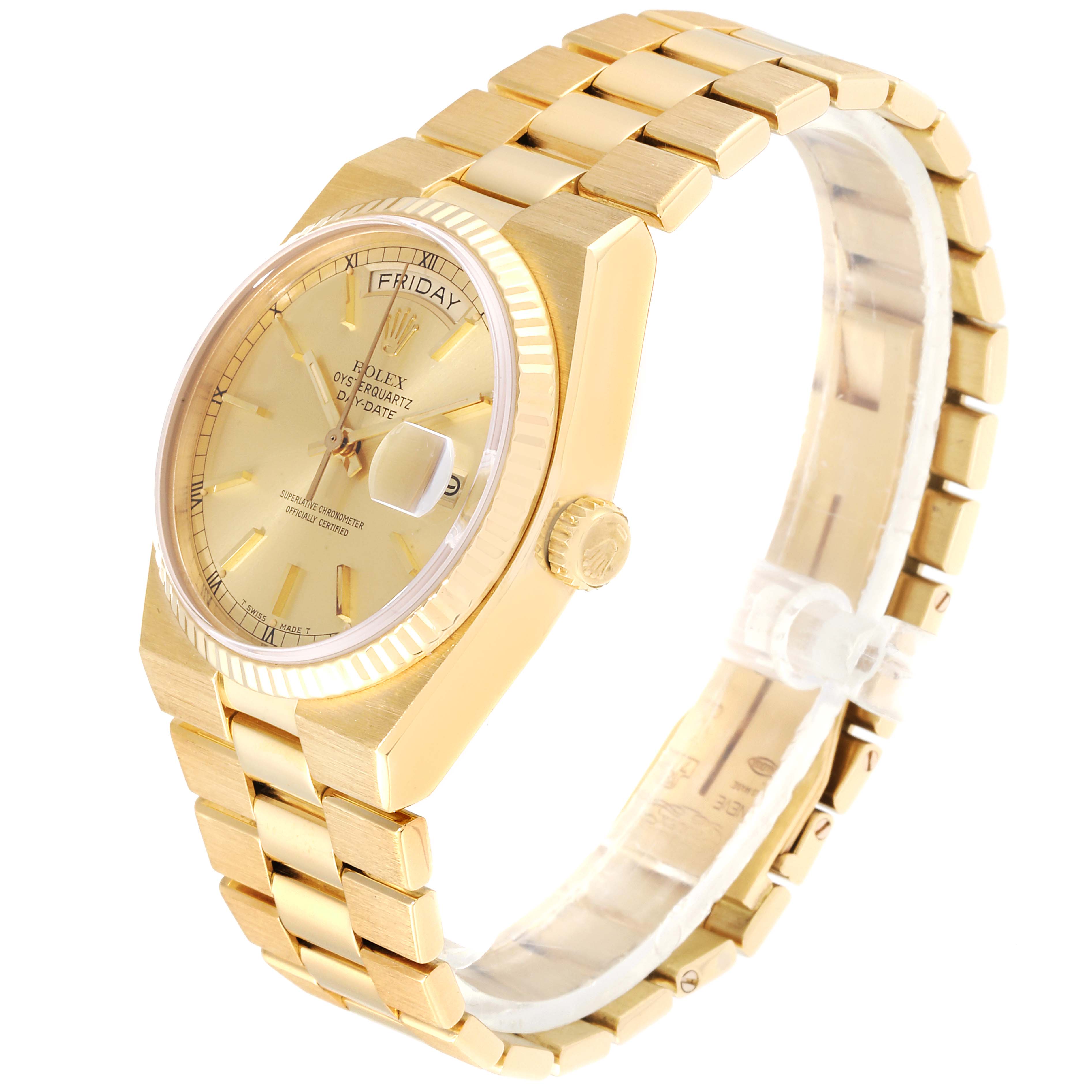 The Rolex Oysterquartz 25260 Men
s Yellow Gold Champagne Dial 25260 Men
s Yellow Gold Champagne Dial watch is shown at a slight angle, displaying the face, crown, and bracelet.