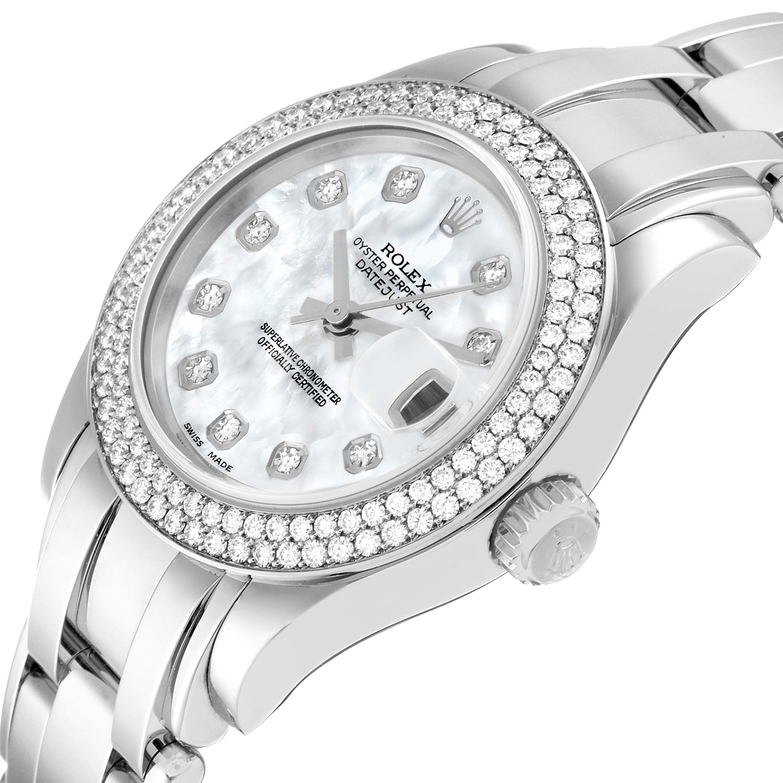 The Rolex Pearlmaster 80339 Women
s White Gold Mother of Pearl Dial 80339 Women
s White Gold Mother of Pearl Dial watch is shown at a slight angled top view, revealing its face, bezel, and part of the bracelet.