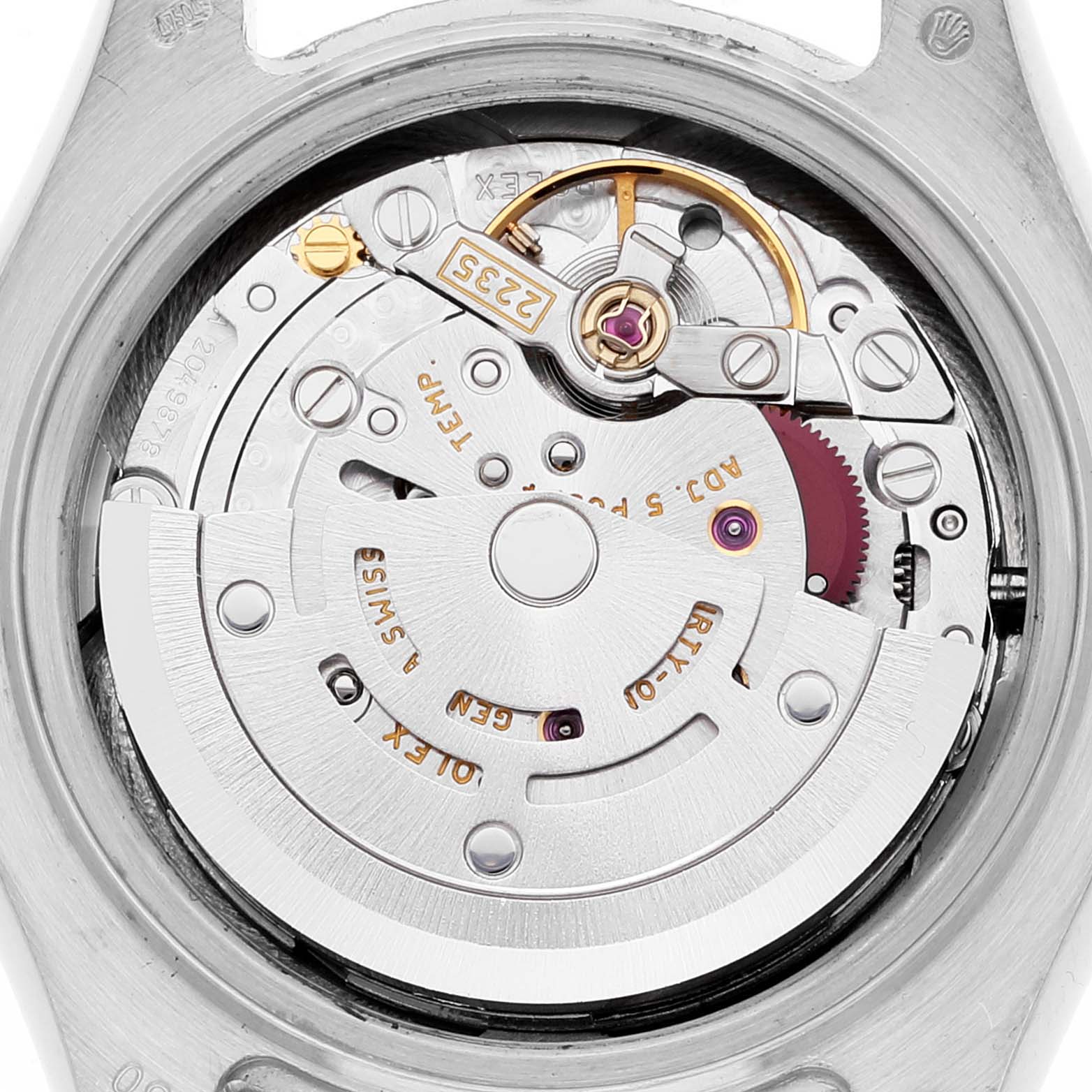 This image shows the back view of the Rolex Pearlmaster 80339 Women
s White Gold Mother of Pearl Dial 80339 Women
s White Gold Mother of Pearl Dial watch, focusing on its intricate mechanical movement.