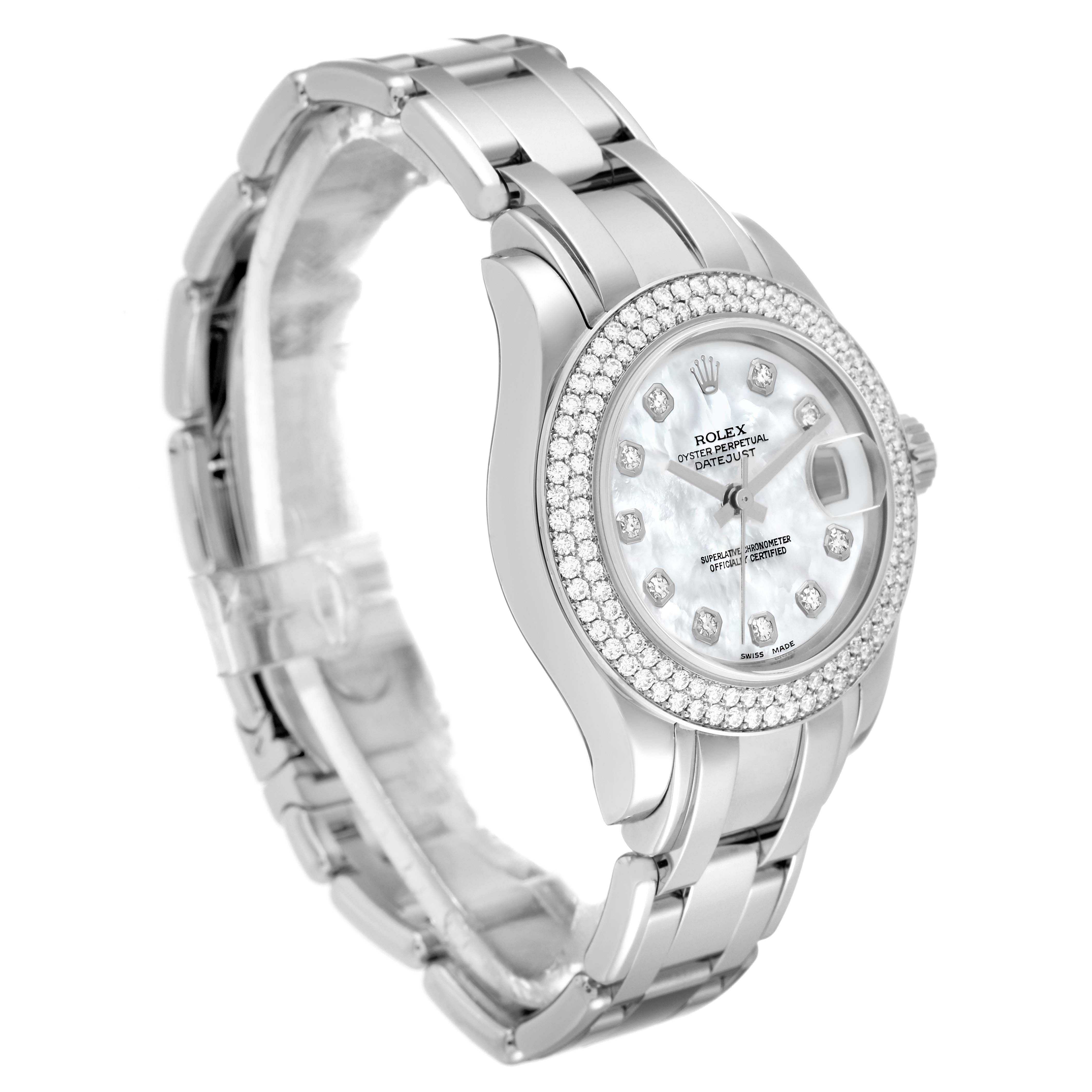 The image shows a Rolex Pearlmaster 80339 Women
s White Gold Mother of Pearl Dial 80339 Women
s White Gold Mother of Pearl Dial watch at an angled view, highlighting its bracelet, bezel, and dial with diamond markers.