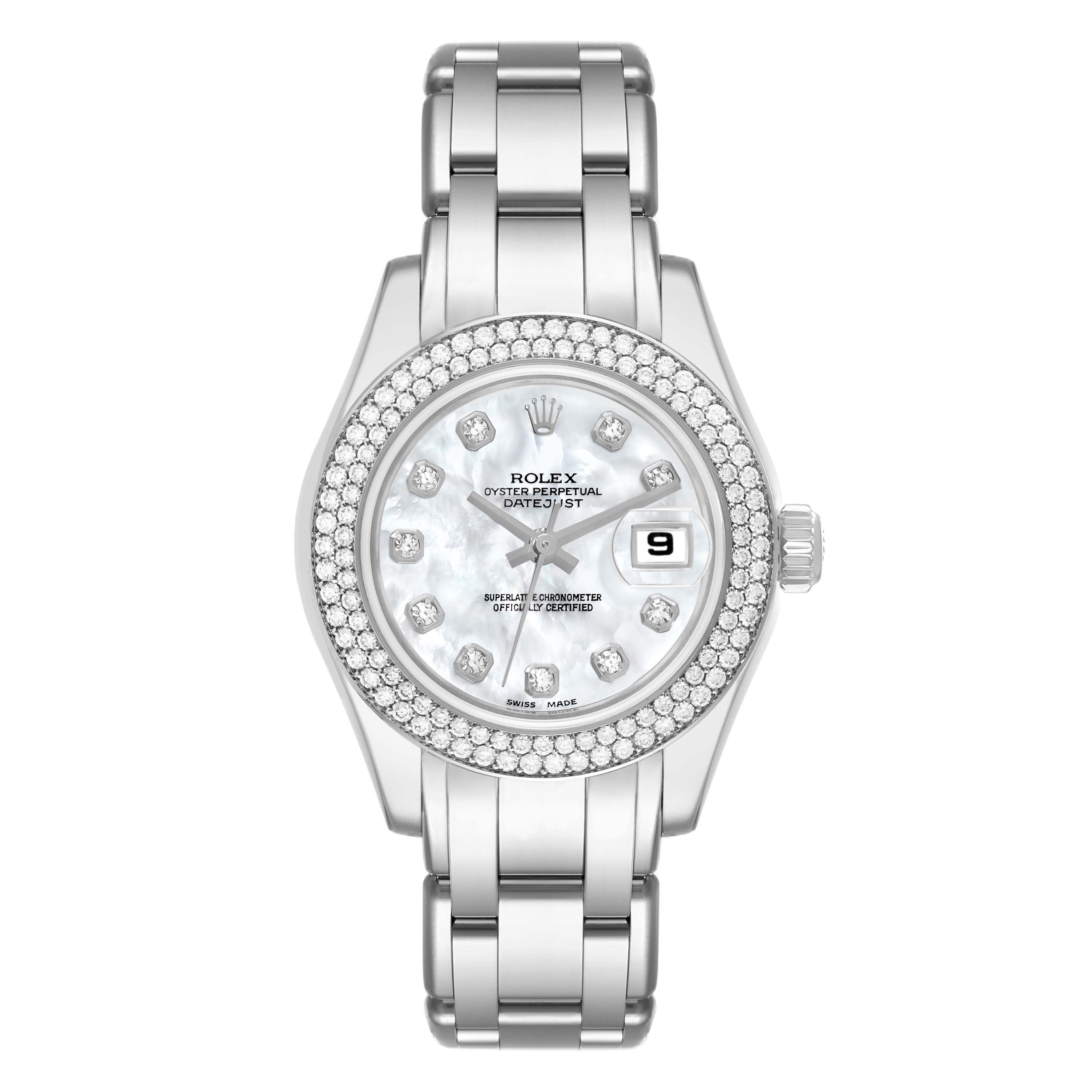 The Rolex Pearlmaster 80339 Women
s White Gold Mother of Pearl Dial 80339 Women
s White Gold Mother of Pearl Dial watch is shown from a top-down angle, displaying the dial, bezel, and bracelet.