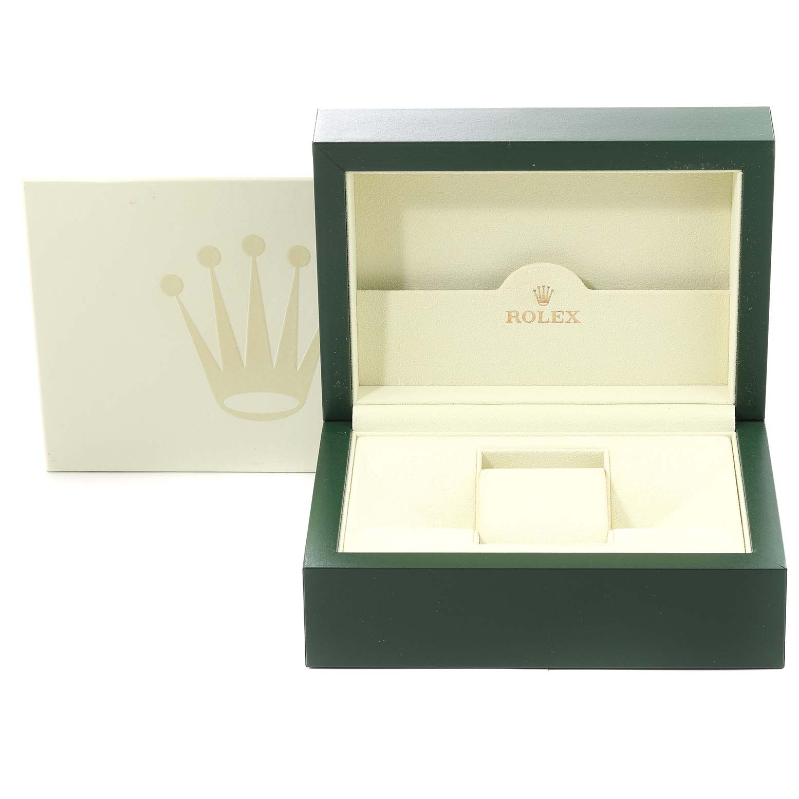 This image shows an open Rolex Pearlmaster 80339 Women
s White Gold Mother of Pearl Dial 80339 Women
s White Gold Mother of Pearl Dial watch box, displaying the interior compartments and logo.