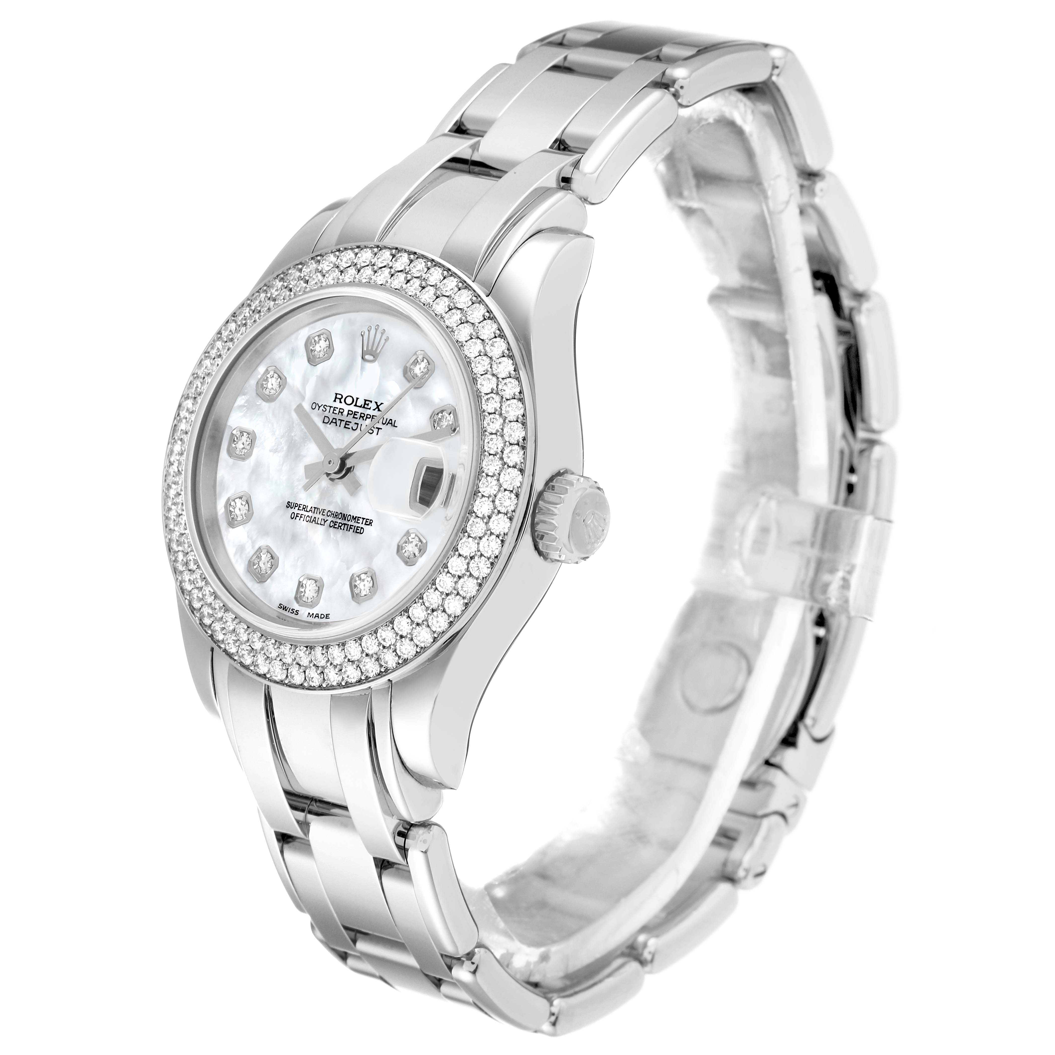 The image shows a Rolex Pearlmaster 80339 Women
s White Gold Mother of Pearl Dial 80339 Women
s White Gold Mother of Pearl Dial watch at an angle displaying the face, bezel, crown, and part of the bracelet.