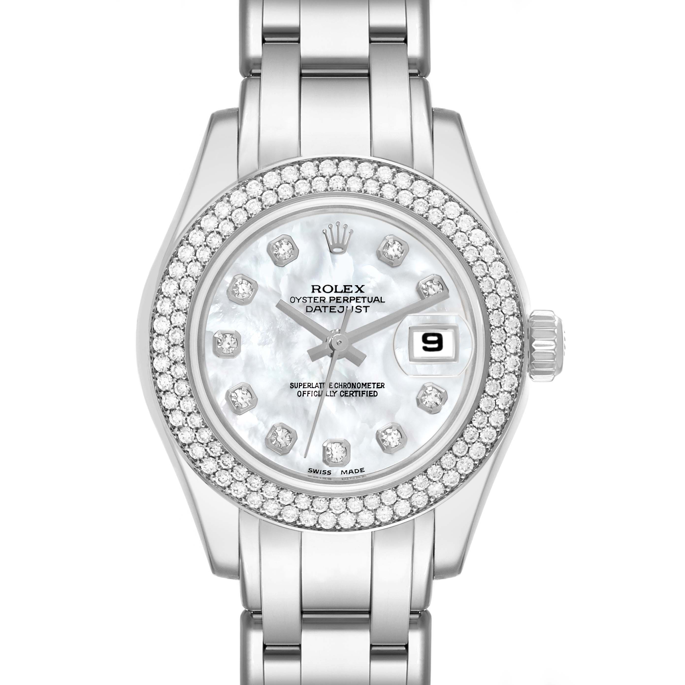 This is a frontal view of the Rolex Pearlmaster 80339 Women
s White Gold Mother of Pearl Dial 80339 Women
s White Gold Mother of Pearl Dial watch, displaying its bracelet, bezel, dial, hands, and date window.