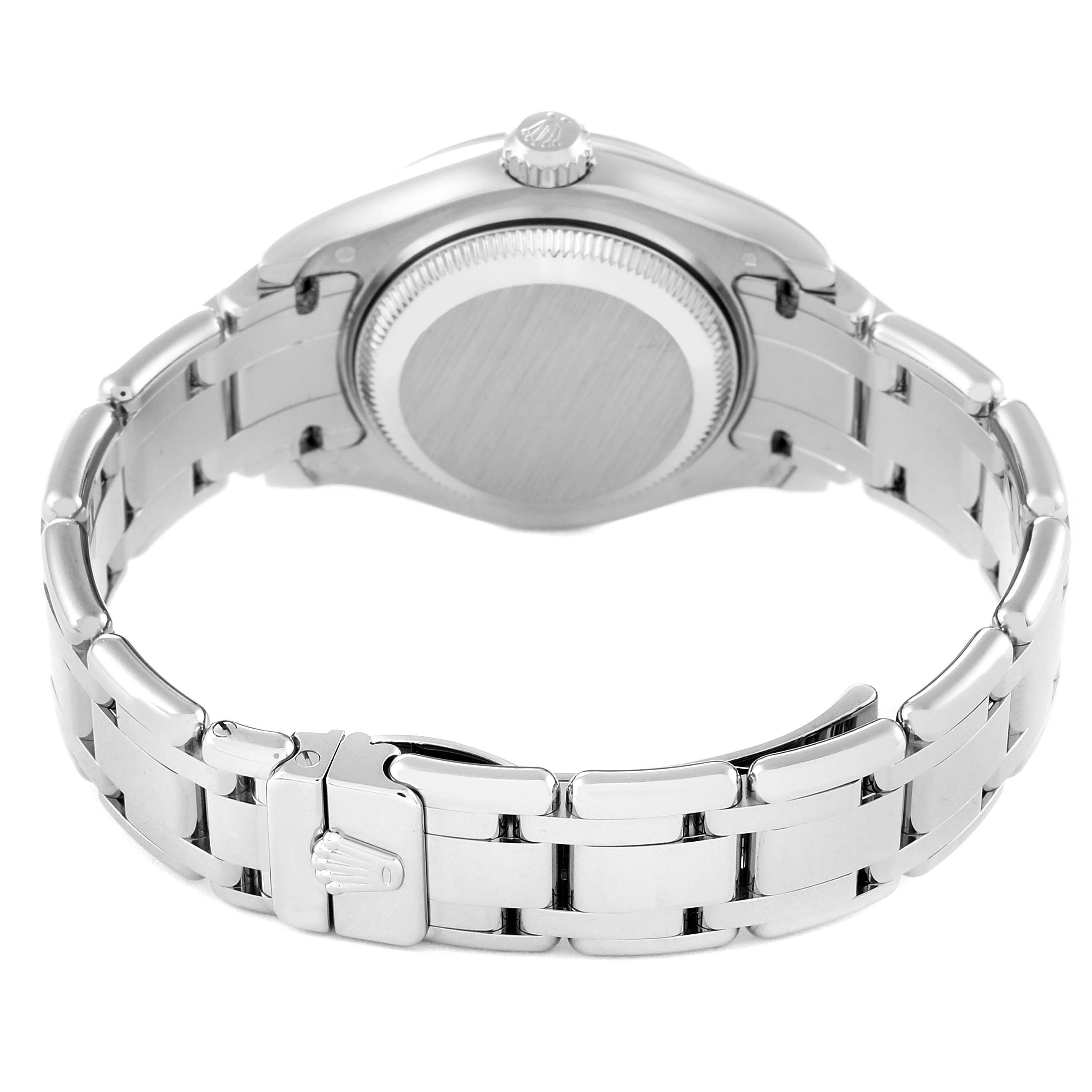 The image shows the back view of the Rolex Pearlmaster 80339 Women
s White Gold Mother of Pearl Dial 80339 Women
s White Gold Mother of Pearl Dial watch, focusing on the case back and metal bracelet with its clasp.