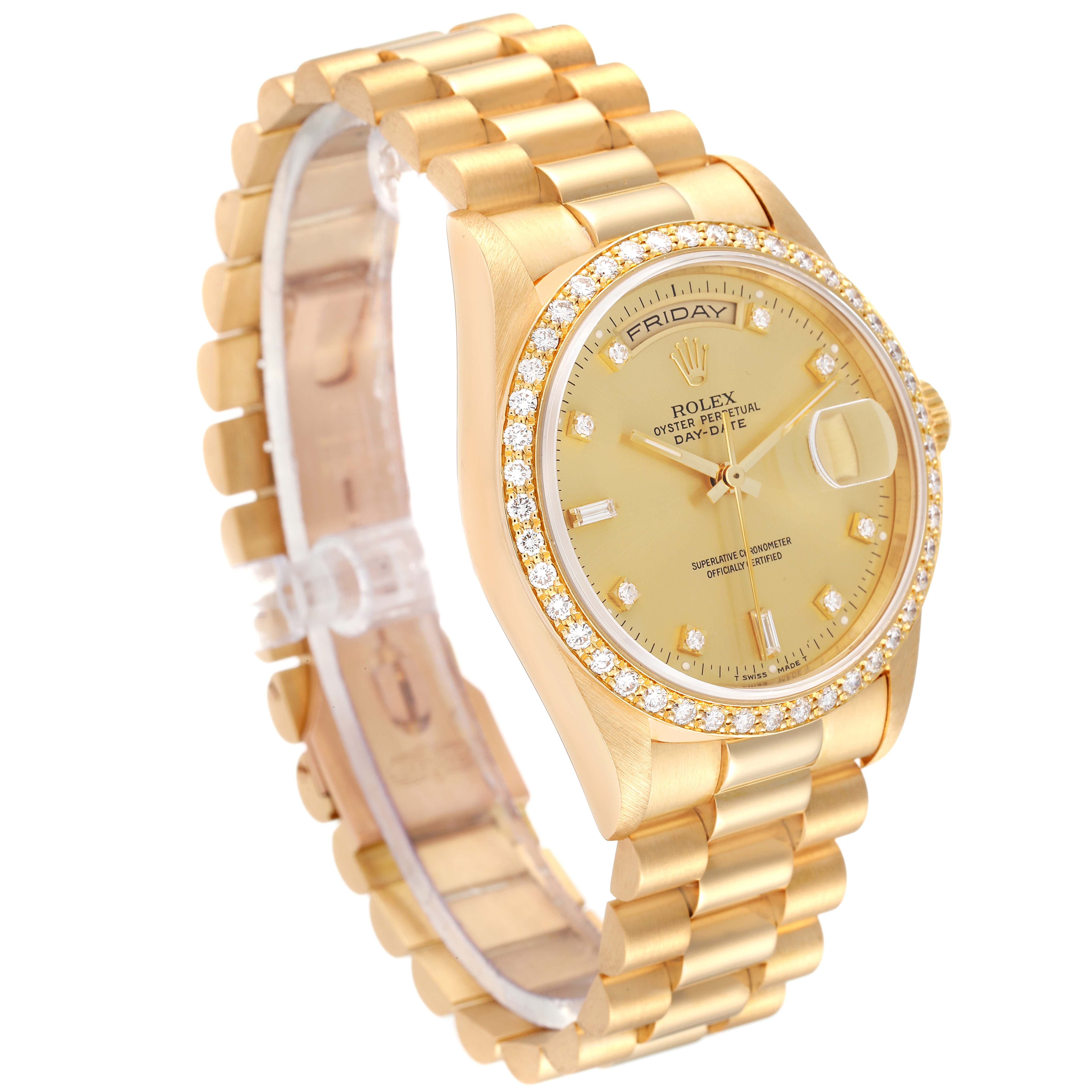 The image shows a side angle of the Rolex President 18348 Men
s Yellow Gold Champagne Dial 18348 Men
s Yellow Gold Champagne Dial model watch, highlighting its gold bracelet, dial, and bezel set with diamonds.