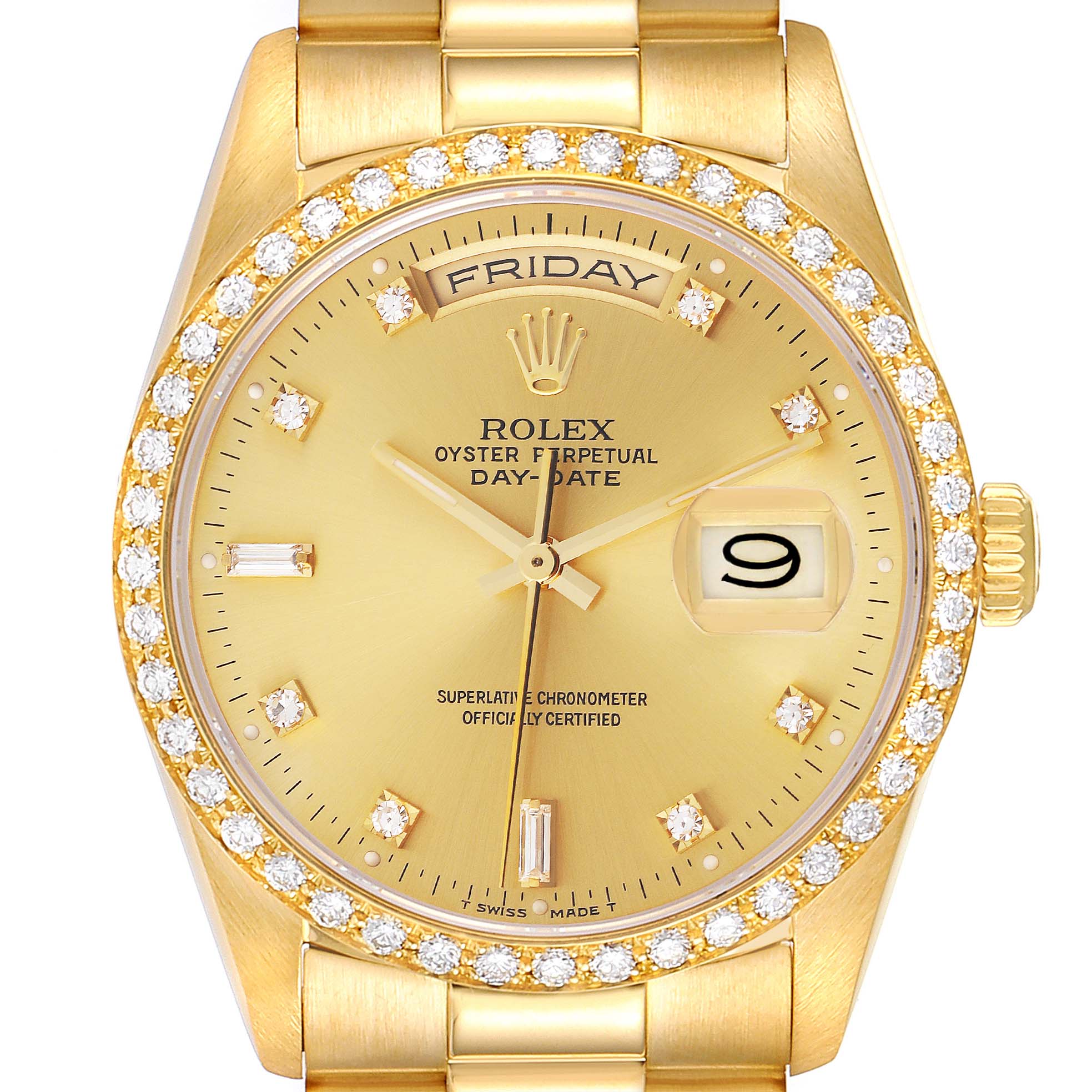 This image shows a front view of a Rolex President 18348 Men
s Yellow Gold Champagne Dial 18348 Men
s Yellow Gold Champagne Dial Oyster Perpetual Day-Date watch, highlighting the dial, bezel, and bracelet.