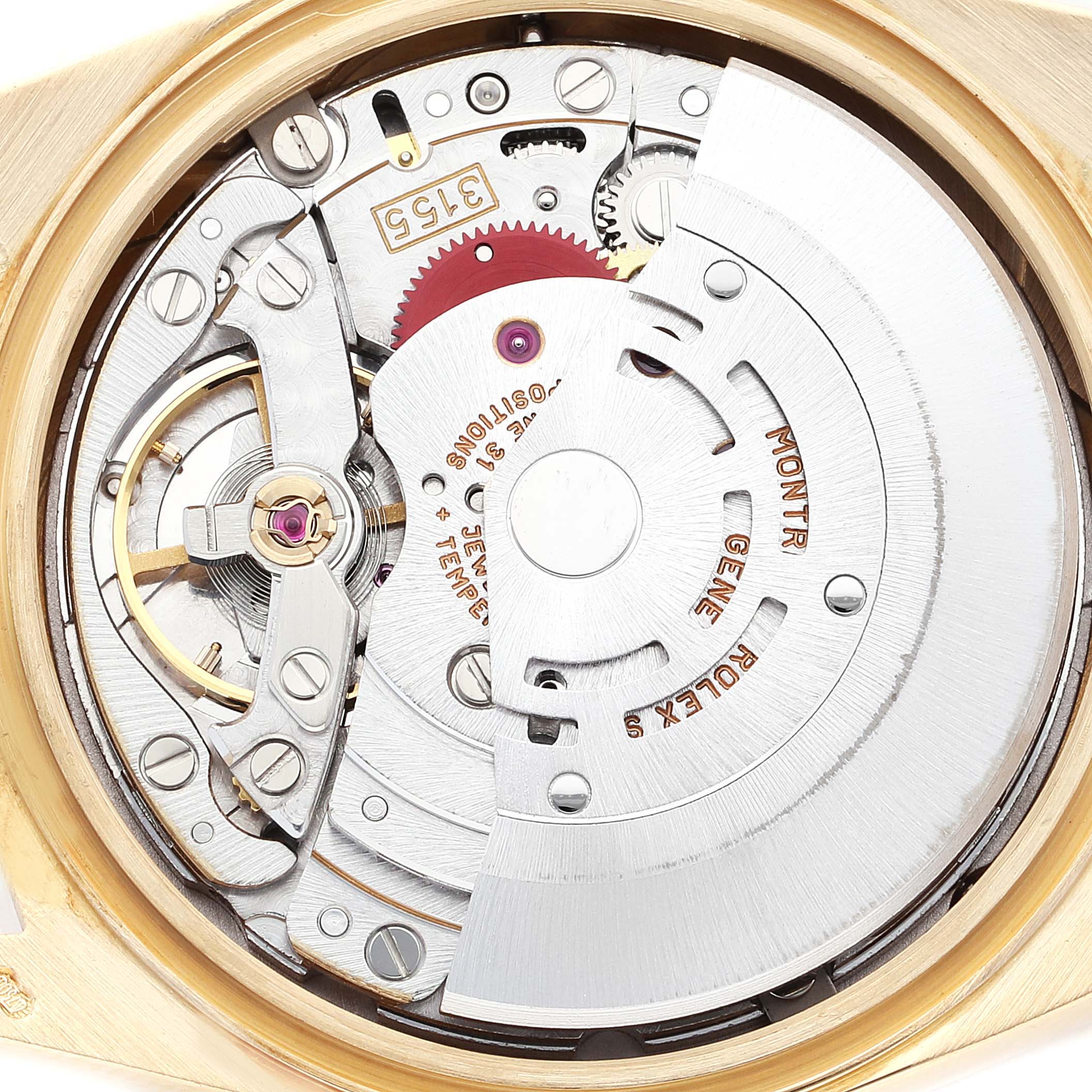 This image shows the internal movement of a Rolex President 18348 Men
s Yellow Gold Champagne Dial 18348 Men
s Yellow Gold Champagne Dial watch from a top-down angle.