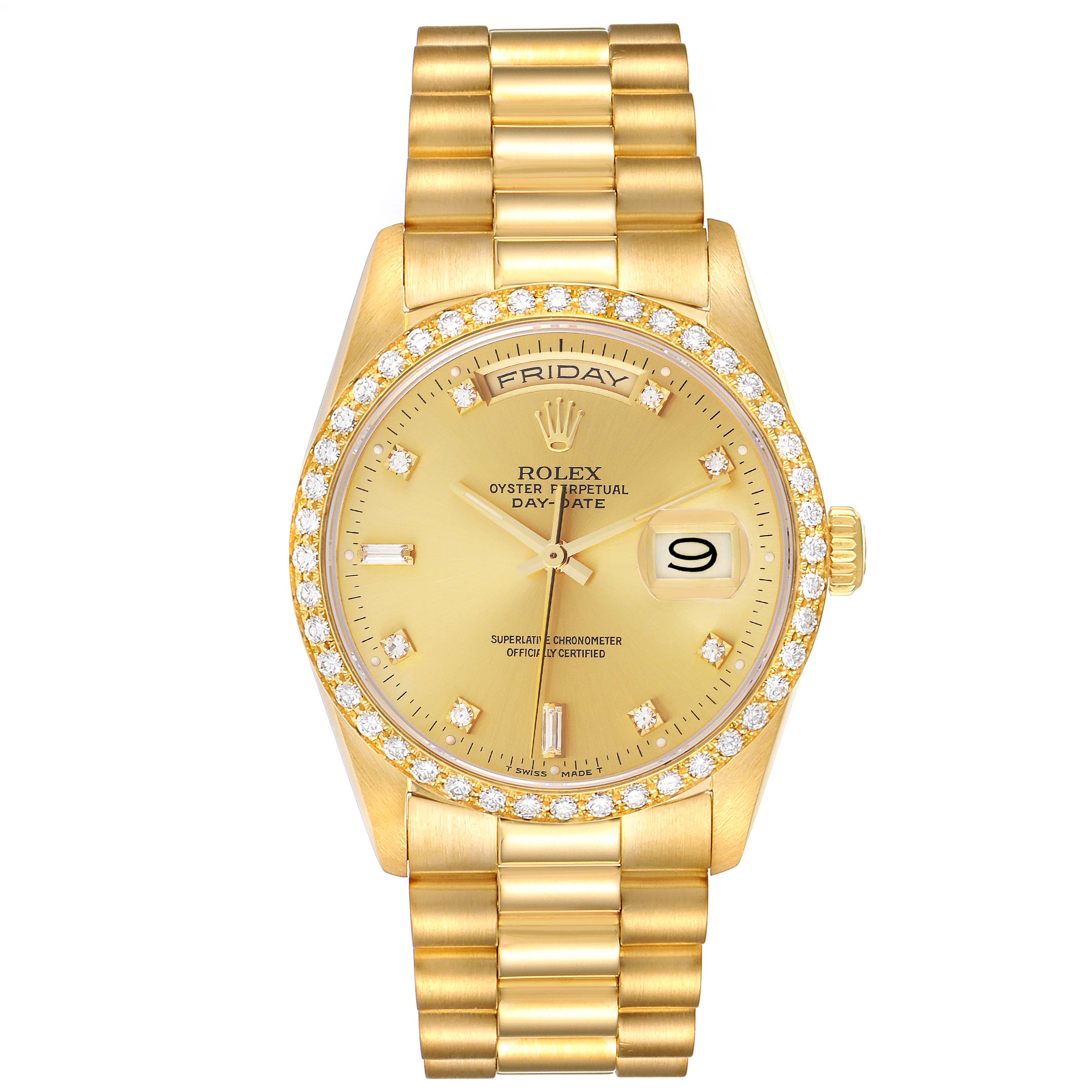The image shows a gold Rolex President 18348 Men
s Yellow Gold Champagne Dial 18348 Men
s Yellow Gold Champagne Dial model watch from a top-down angle, featuring a day window and a date display.