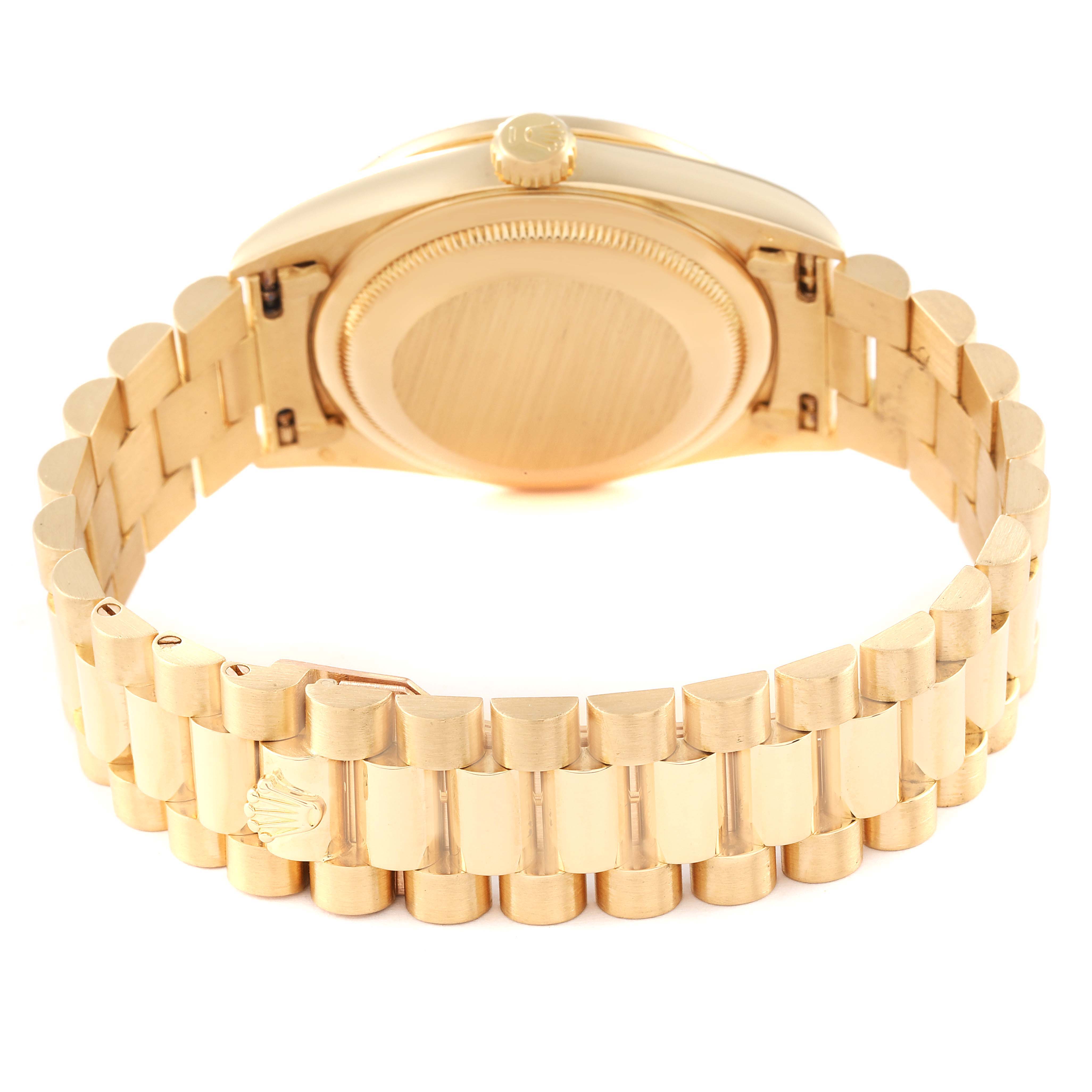 The image shows the back view and bracelet of a Rolex President 18348 Men
s Yellow Gold Champagne Dial 18348 Men
s Yellow Gold Champagne Dial model watch in gold.
