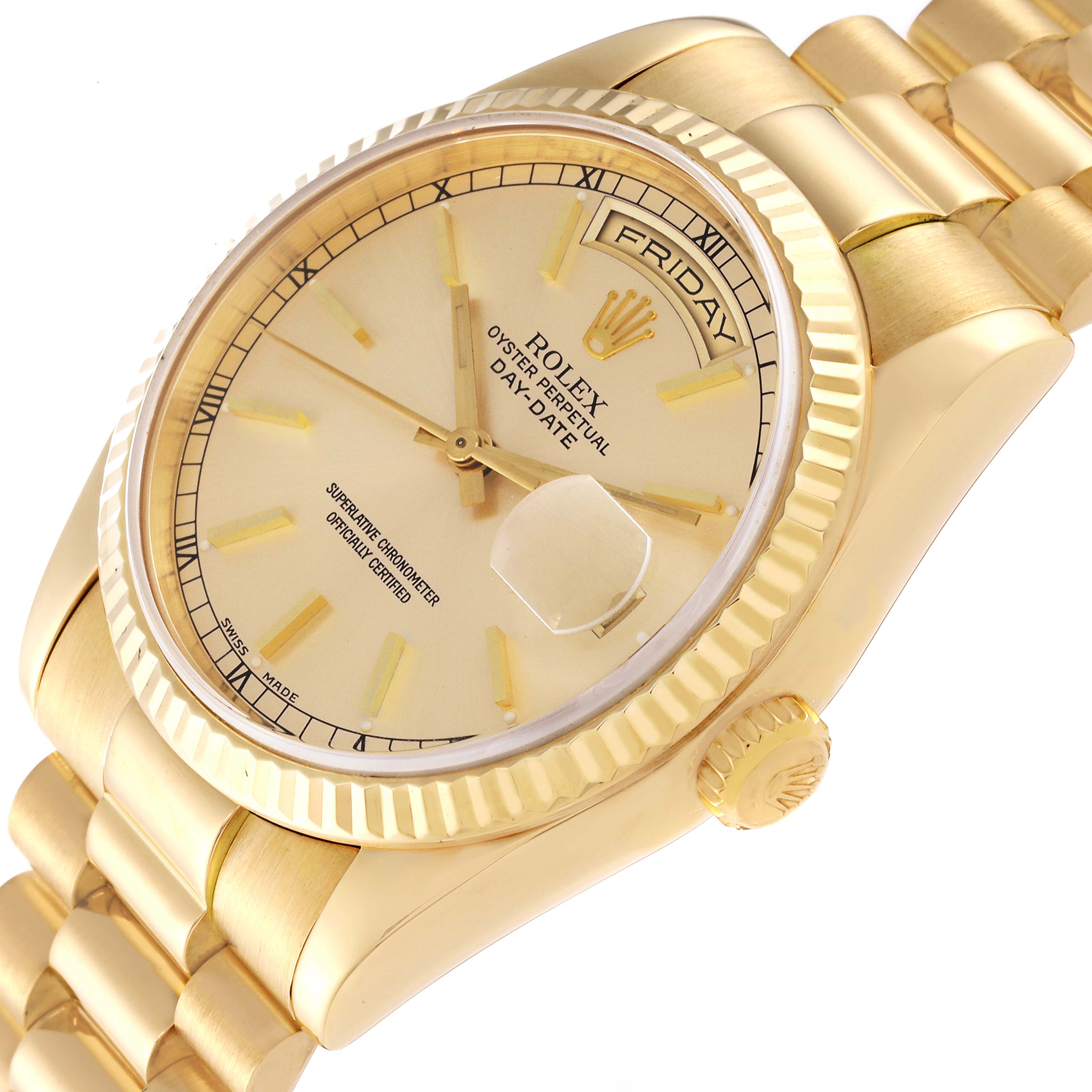 The Rolex President 118238 Men
s Yellow Gold Champagne Dial 118238 Men
s Yellow Gold Champagne Dial model is shown at an angle highlighting its dial, bezel, crown, and bracelet.