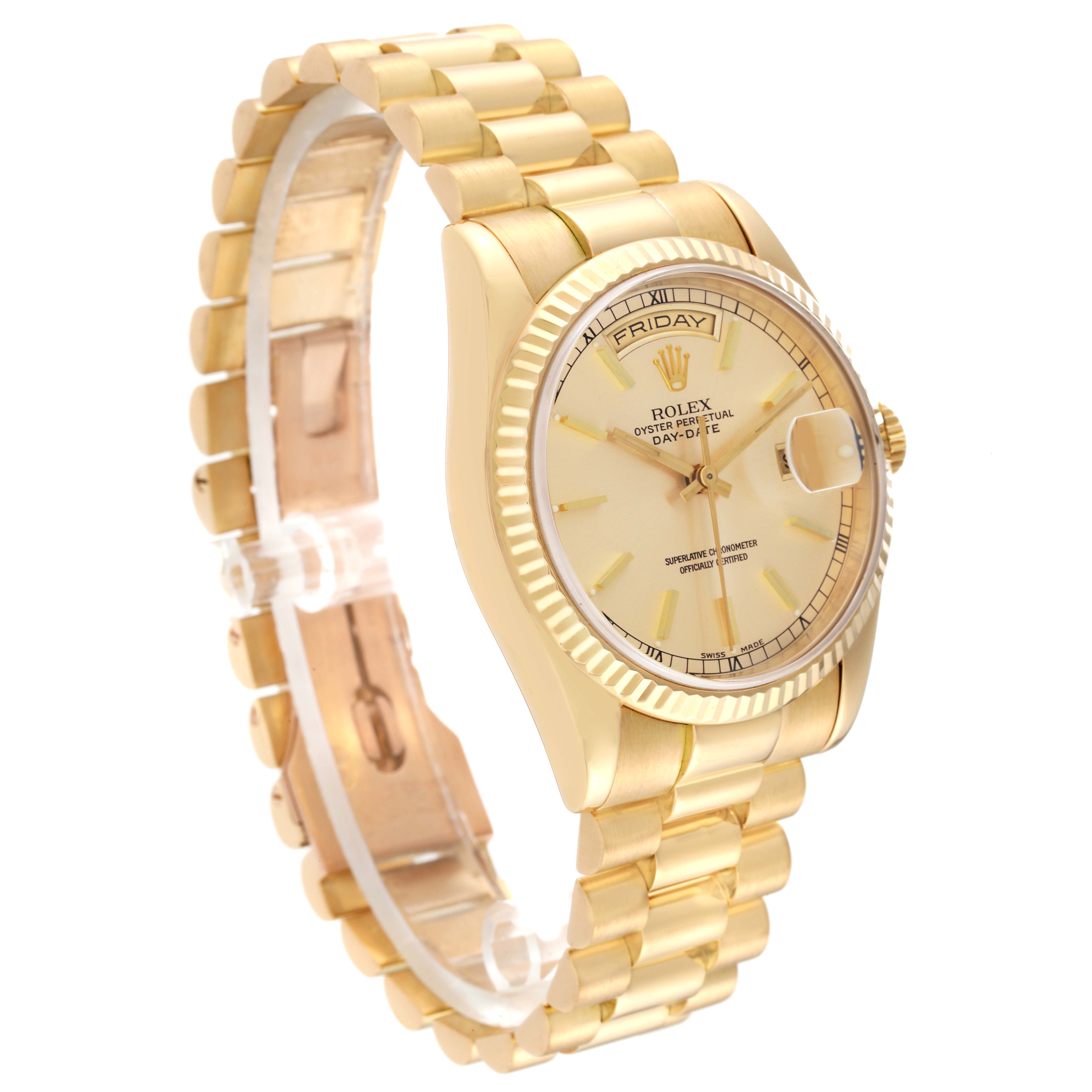 The image shows a side view of the Rolex President 118238 Men
s Yellow Gold Champagne Dial 118238 Men
s Yellow Gold Champagne Dial model, featuring its gold case, bracelet, and day-date display.