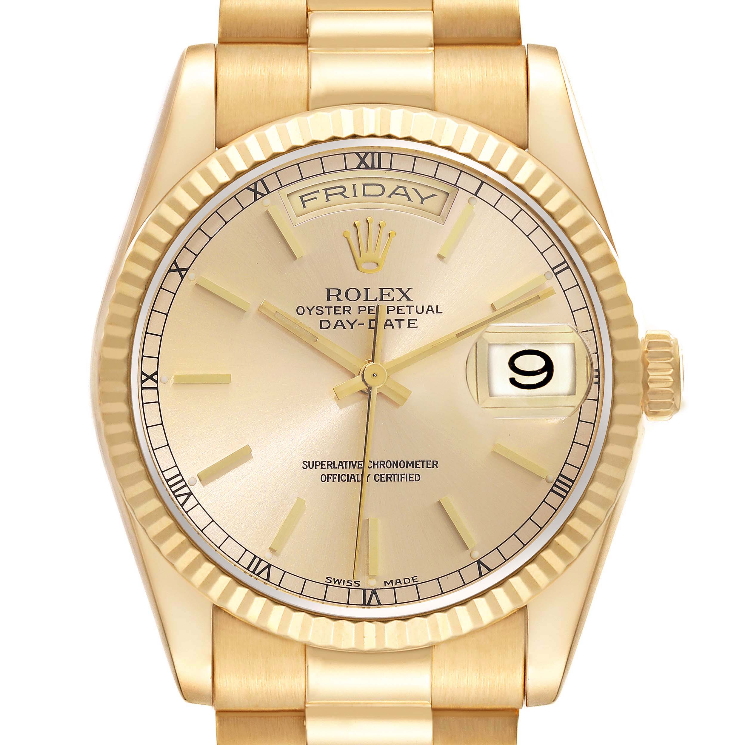 This image shows a front view of the Rolex President 118238 Men
s Yellow Gold Champagne Dial 118238 Men
s Yellow Gold Champagne Dial model, focusing on the face, bezel, and part of the bracelet.