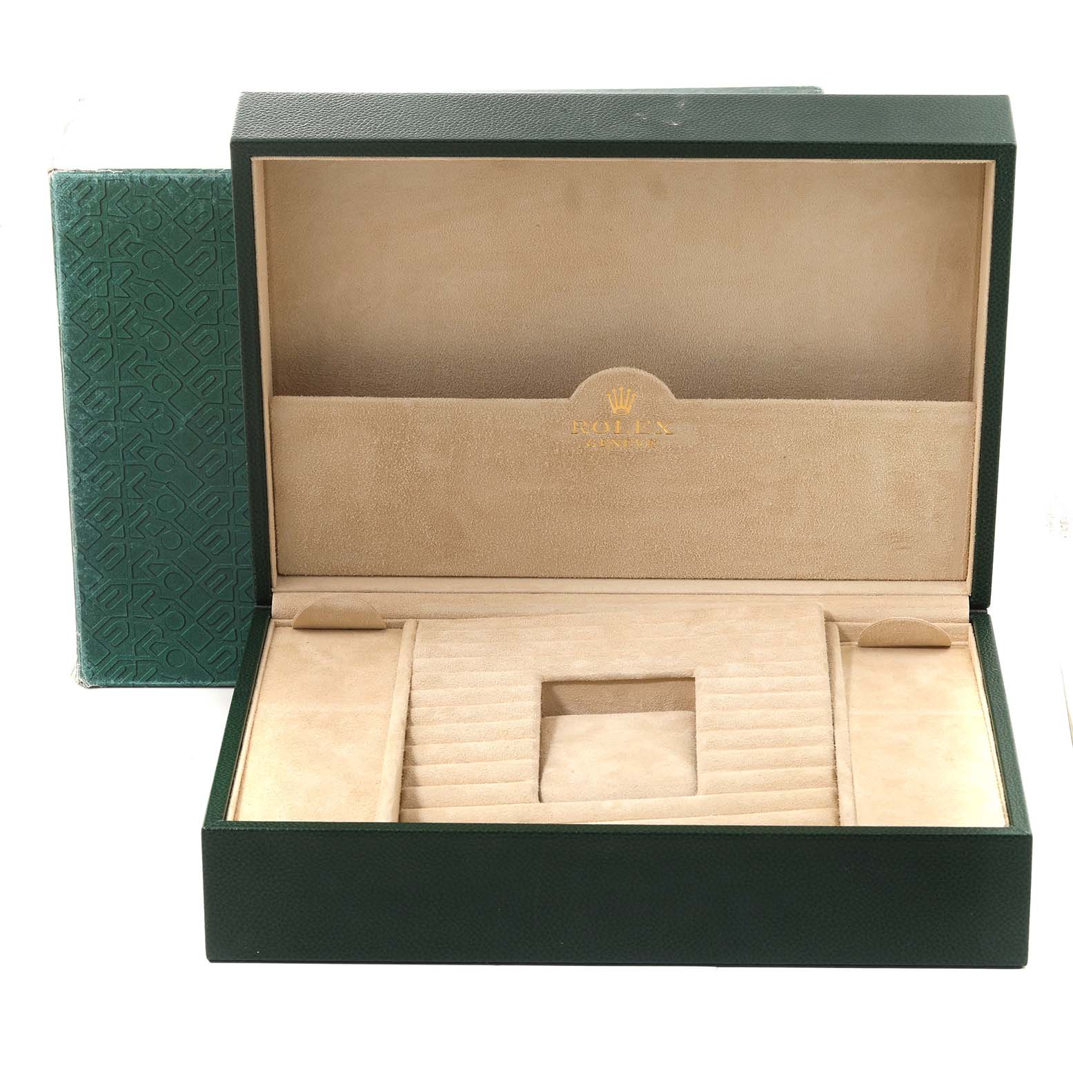 The image shows an open watch box for a Rolex President 118238 Men
s Yellow Gold Champagne Dial 118238 Men
s Yellow Gold Champagne Dial model, revealing the inner compartments and padding.