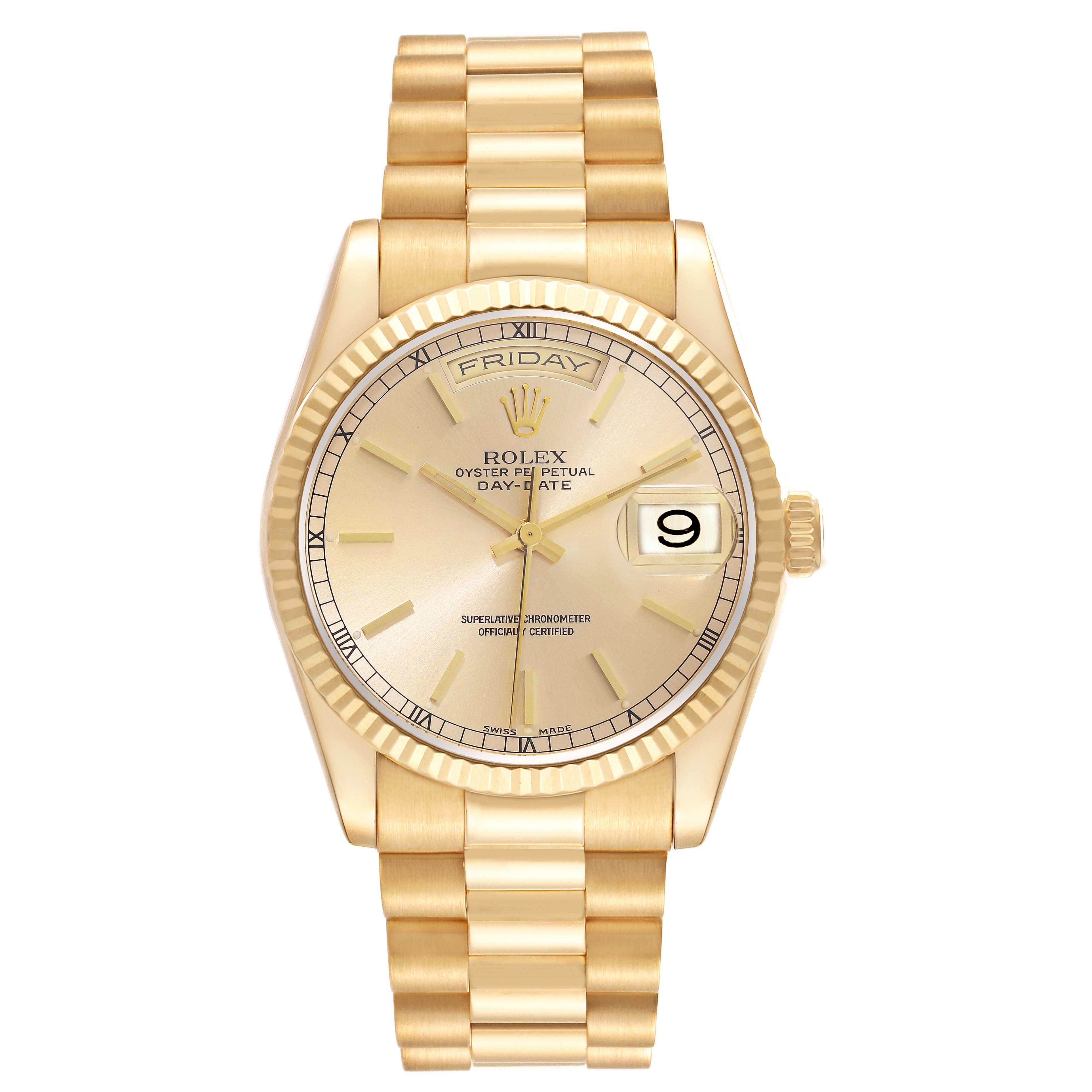 This is a front view of a Rolex President 118238 Men
s Yellow Gold Champagne Dial 118238 Men
s Yellow Gold Champagne Dial Day-Date watch, showing the watch face, bezel, bracelet, and day-date display.