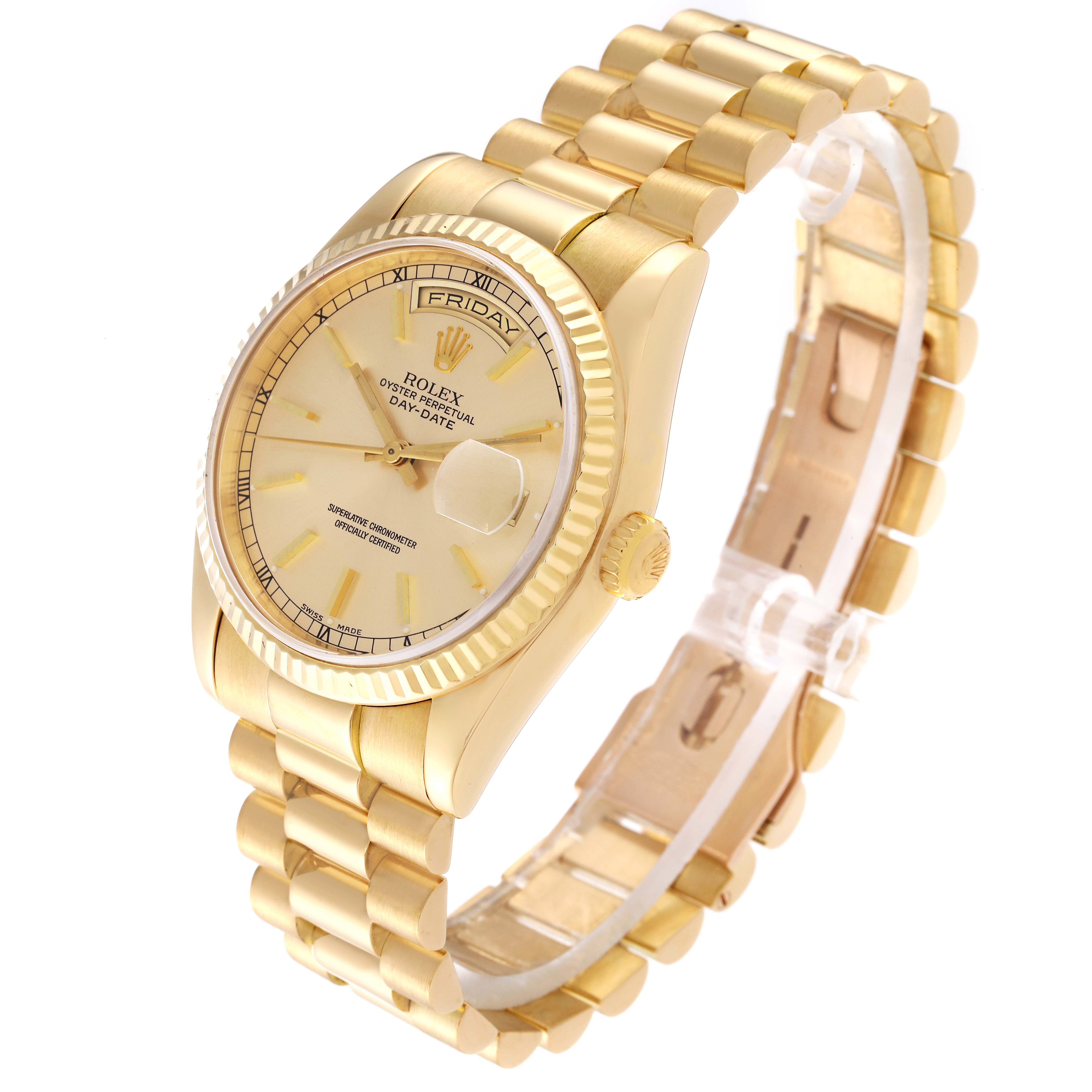 This Rolex President 118238 Men
s Yellow Gold Champagne Dial 118238 Men
s Yellow Gold Champagne Dial model watch is shown at an angle highlighting the face, bezel, crown, and part of the bracelet.