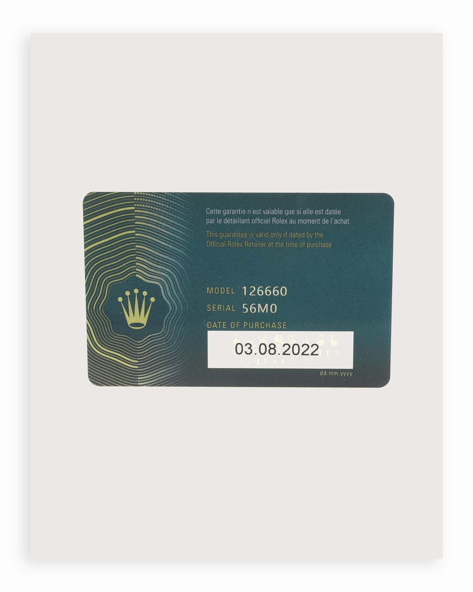 The image shows a warranty card for the Rolex Sea-Dweller 126660 Men
s Stainless Steel Black Dial, model 126660, with purchase details.