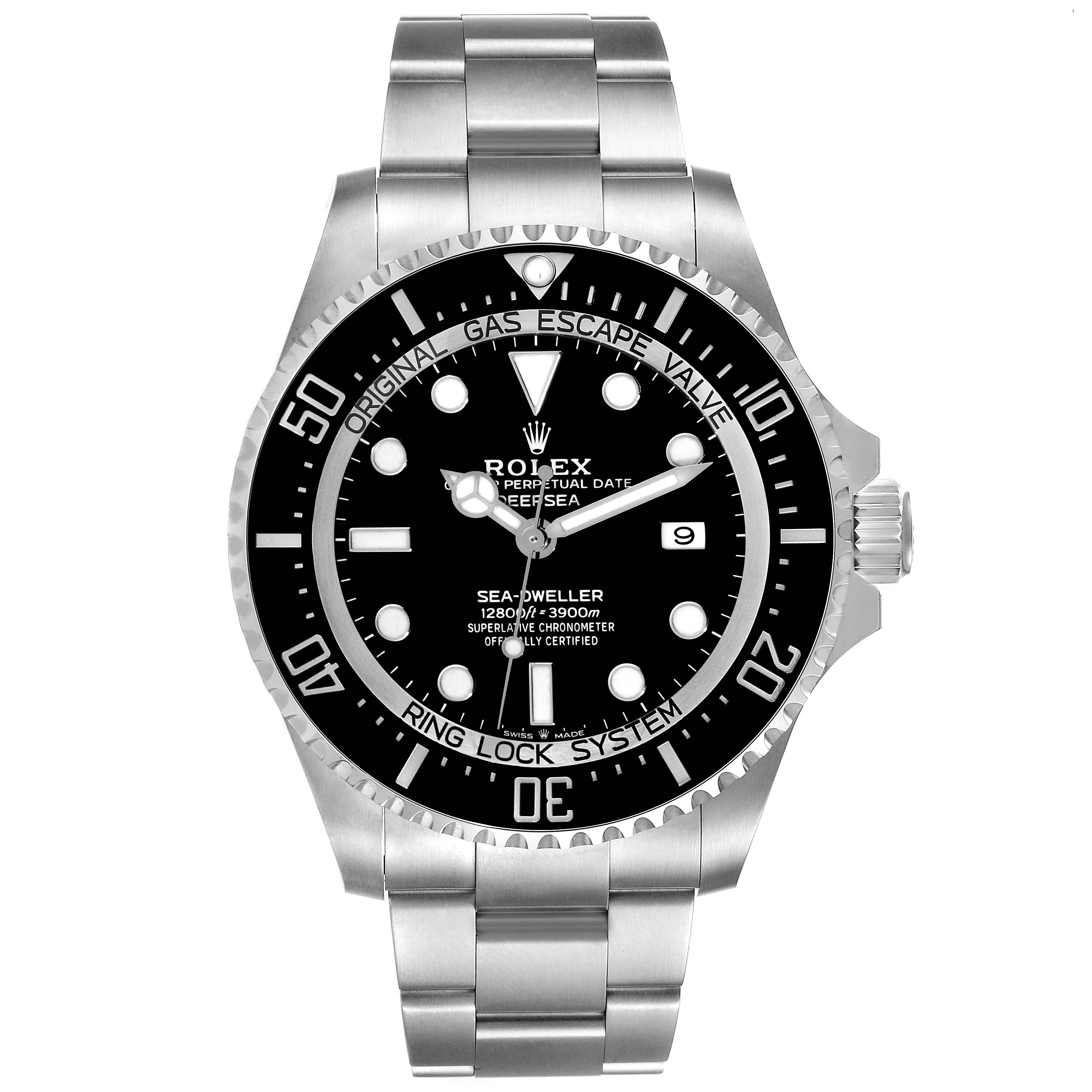 The Rolex Sea-Dweller 126660 Men
s Stainless Steel Black Dial 126660 Men
s Stainless Steel Black Dial watch is shown from a front angle, displaying its face, bezel, and part of the bracelet.