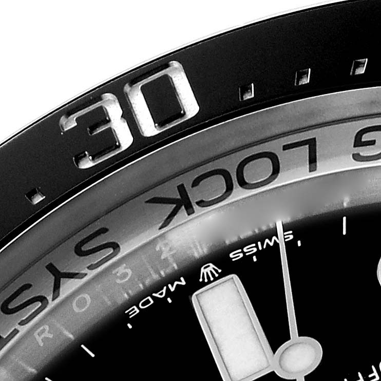 The image shows a close-up of the bezel and dial of a Rolex Sea-Dweller 126660 Men
s Stainless Steel Black Dial 126660 Men
s Stainless Steel Black Dial watch, highlighting the "30" minute marker and part of the "Ring Lock System" text.