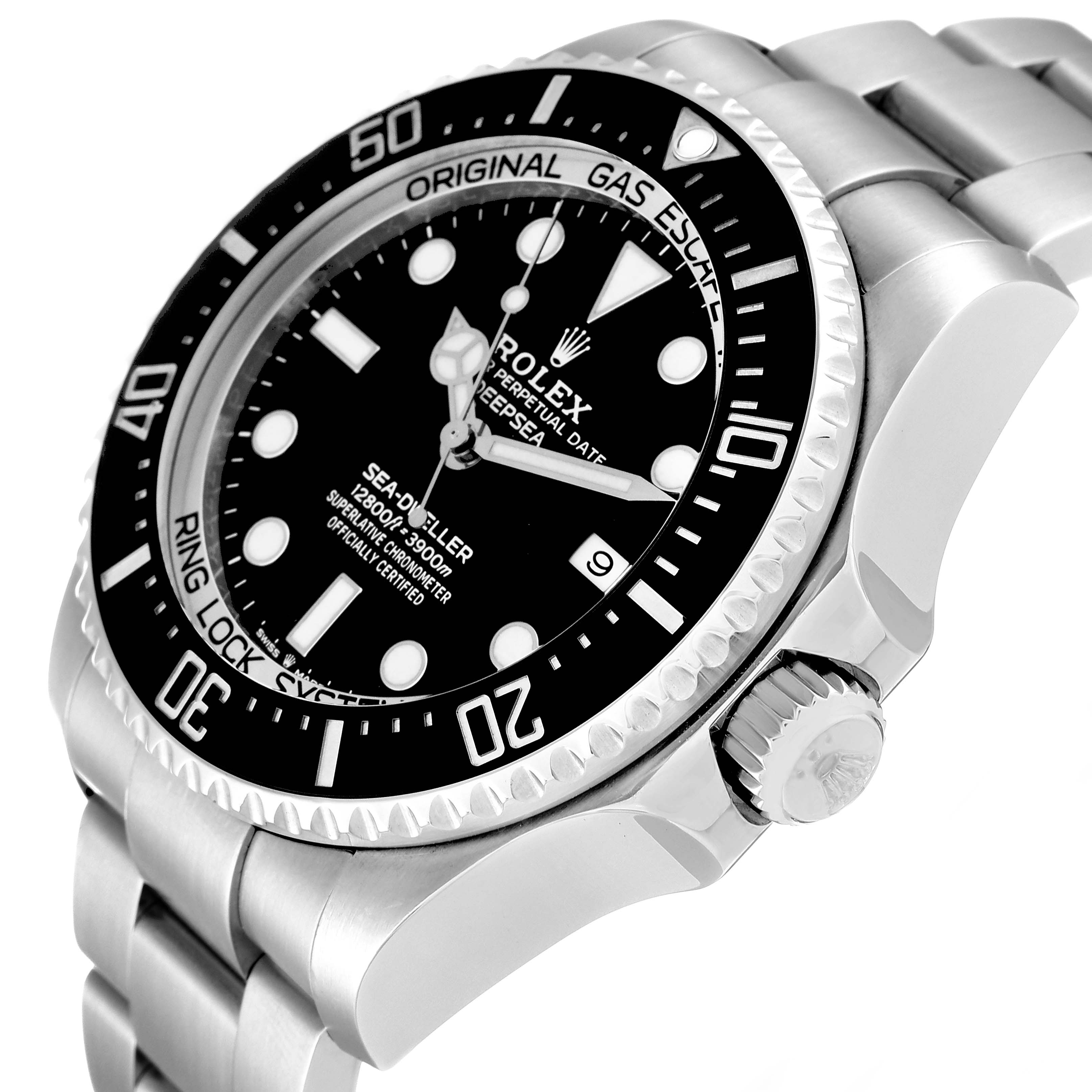 This image shows a side and angled view of the Rolex Sea-Dweller 126660 Men
s Stainless Steel Black Dial 126660 Men
s Stainless Steel Black Dial watch, highlighting its bezel, crown, and part of the bracelet.