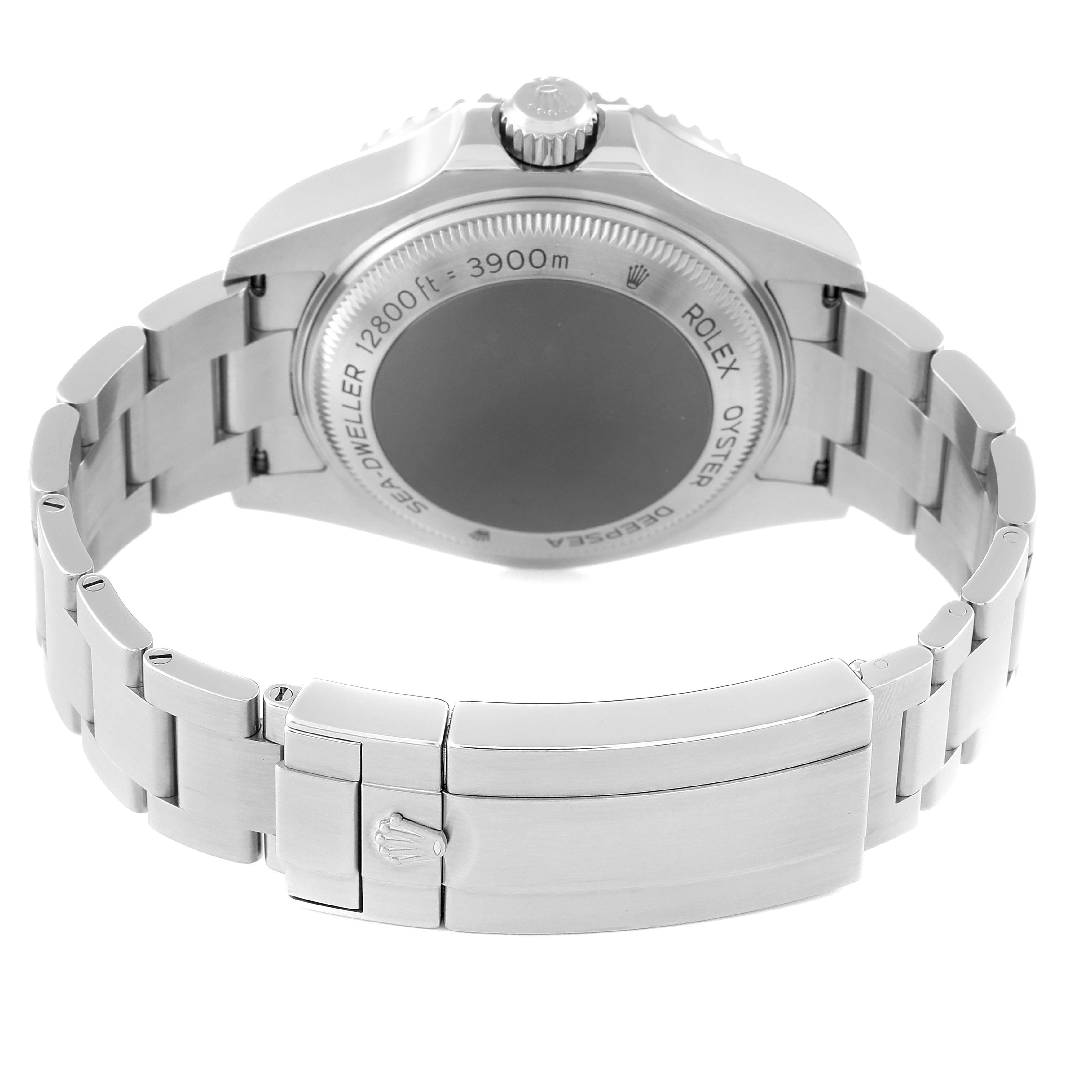 The image shows the back of a Rolex Sea-Dweller 126660 Men
s Stainless Steel Black Dial 126660 Men
s Stainless Steel Black Dial watch, highlighting its case back, bracelet, and clasp.