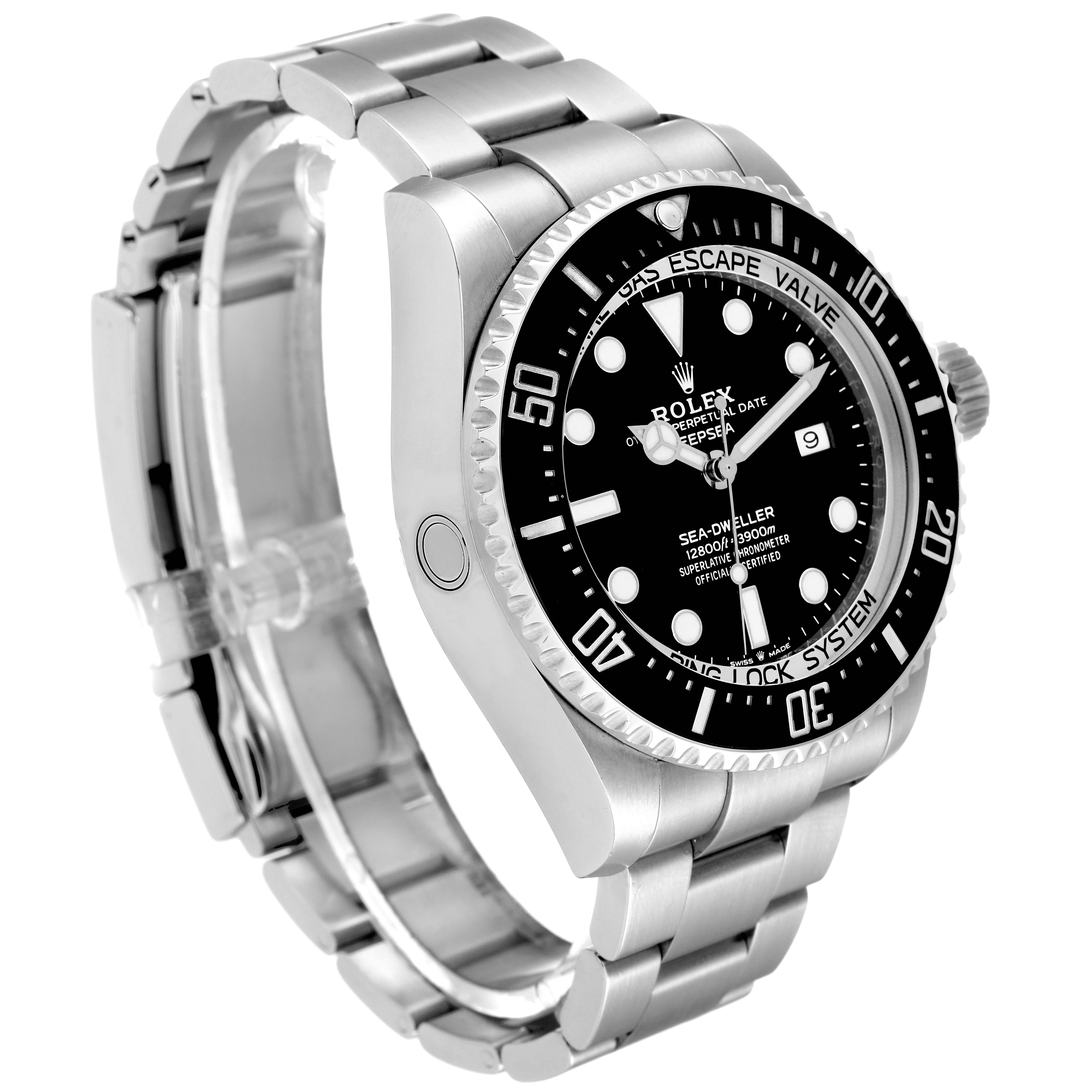 The image shows a Rolex Sea-Dweller 126660 Men
s Stainless Steel Black Dial 126660 Men
s Stainless Steel Black Dial watch at a three-quarter angle, highlighting the face, bezel, crown, and bracelet.