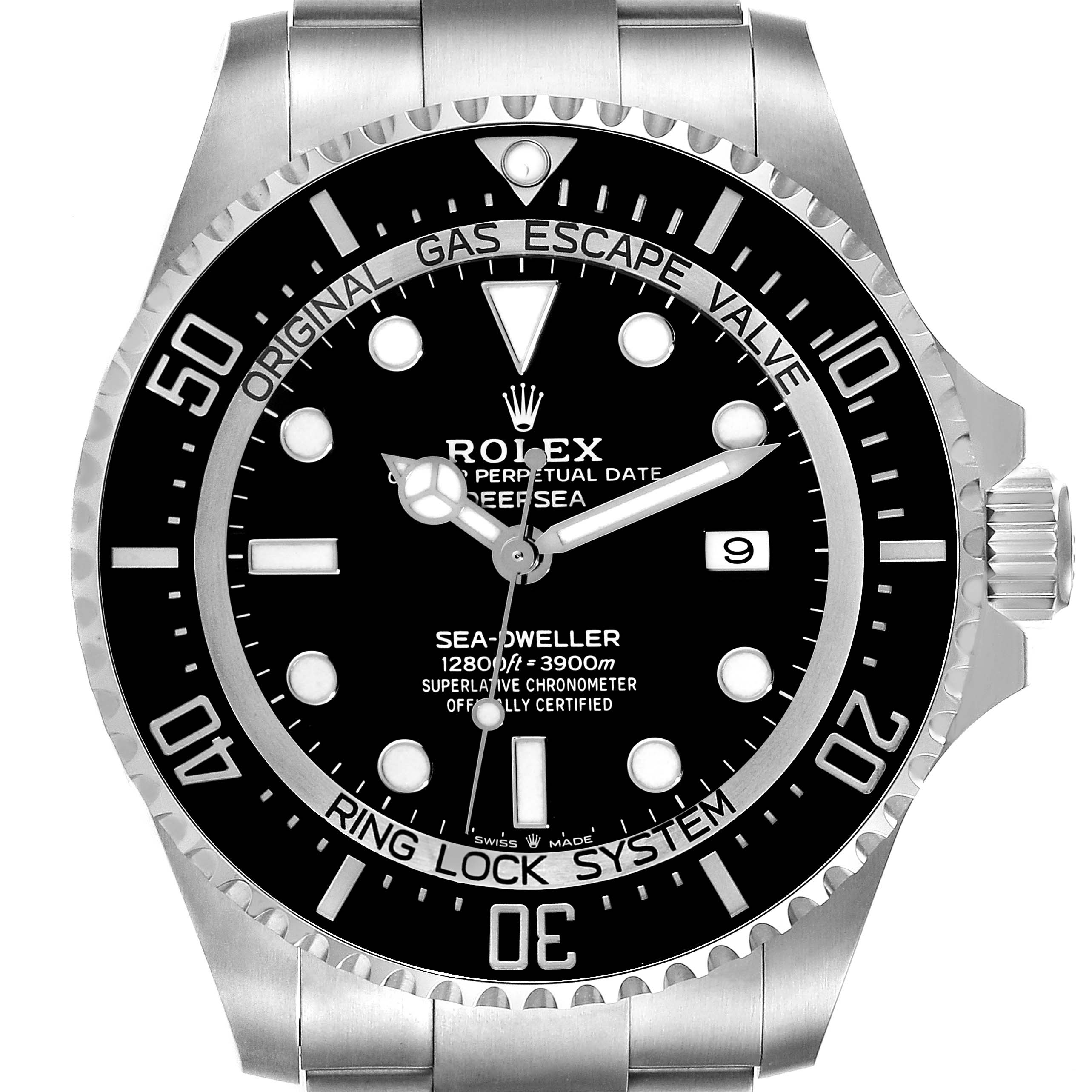 This image shows a front view of the Rolex Sea-Dweller 126660 Men
s Stainless Steel Black Dial 126660 Men
s Stainless Steel Black Dial watch, highlighting the dial, bezel, and part of the bracelet.