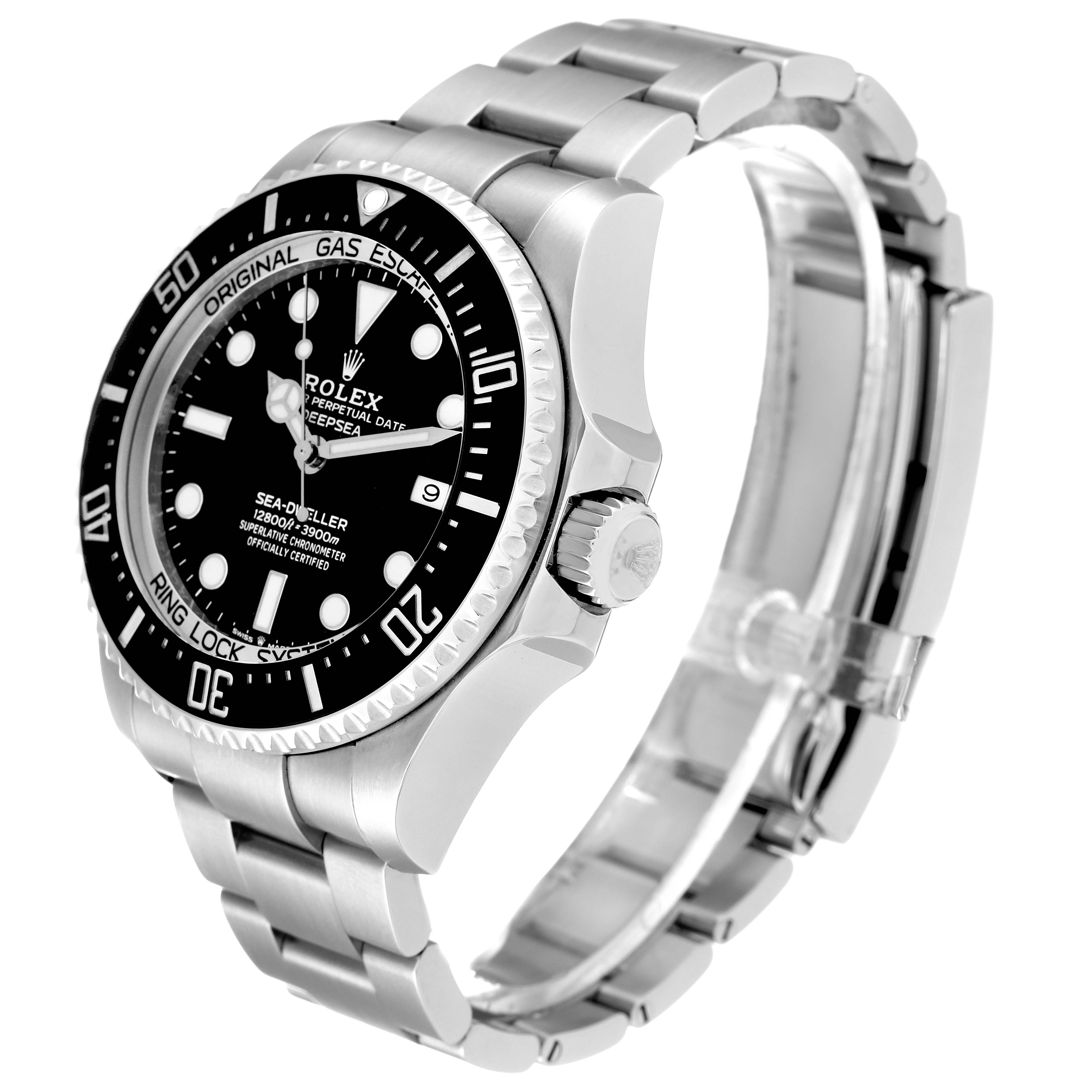 The image shows a side angle view of the Rolex Sea-Dweller 126660 Men
s Stainless Steel Black Dial 126660 Men
s Stainless Steel Black Dial watch, highlighting the face, bezel, crown, and bracelet.