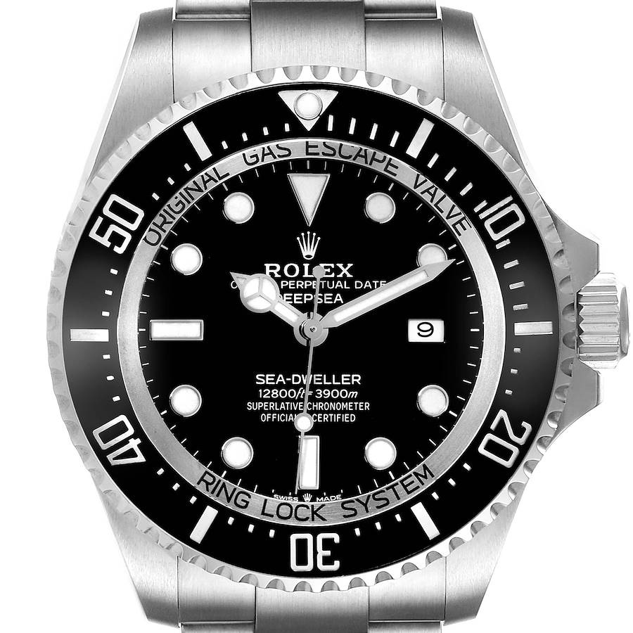 The image shows a front view of the Rolex Sea-Dweller model 126660 watch, highlighting the dial, bezel, and part of the bracelet.
