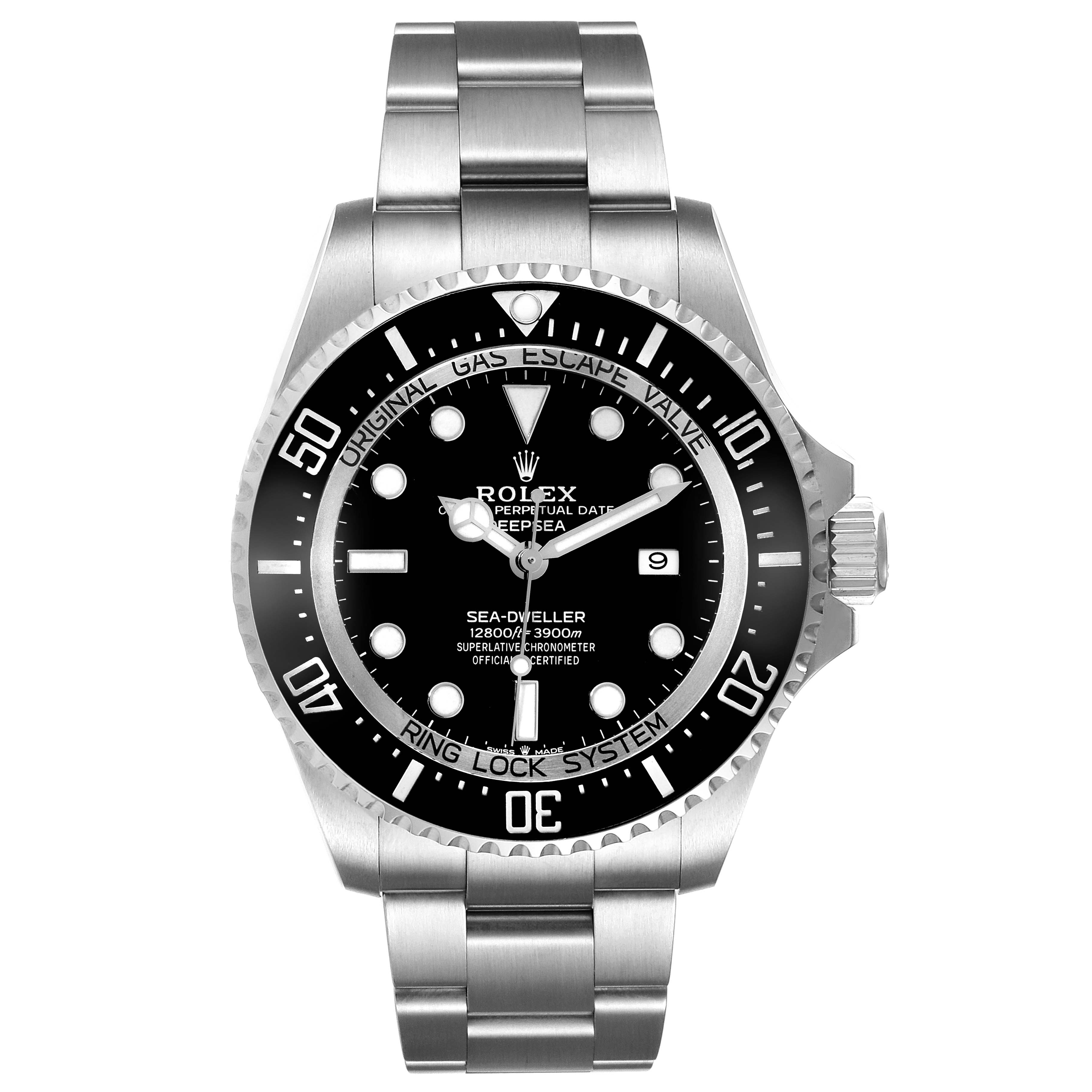The Rolex Sea-Dweller 126660 Men
s Stainless Steel Black Dial watch is shown from the front, highlighting its dial, bezel, and bracelet.