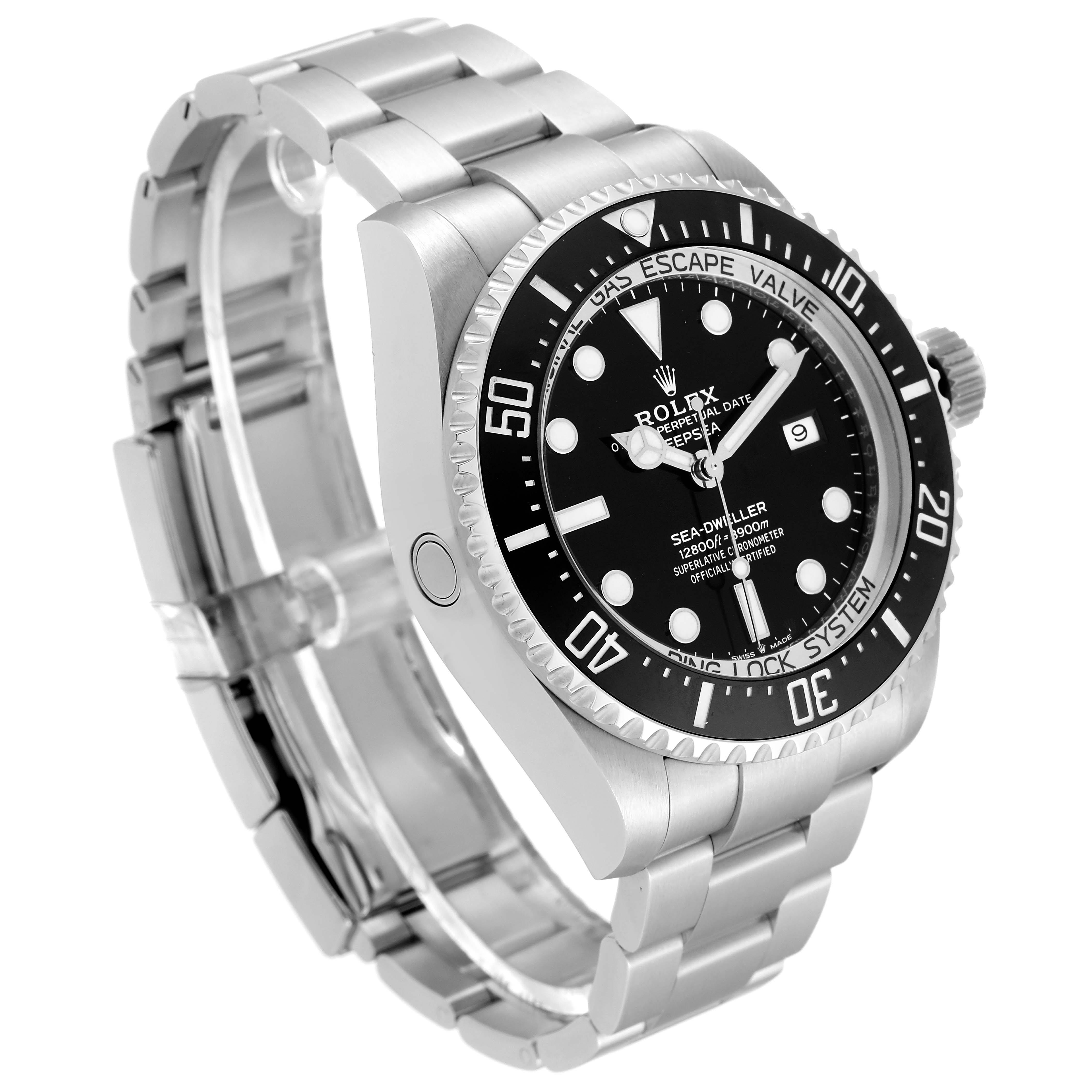 The Rolex Sea-Dweller 126660 Men
s Stainless Steel Black Dial watch is shown at a three-quarter angle, highlighting its bracelet, bezel, and dial.