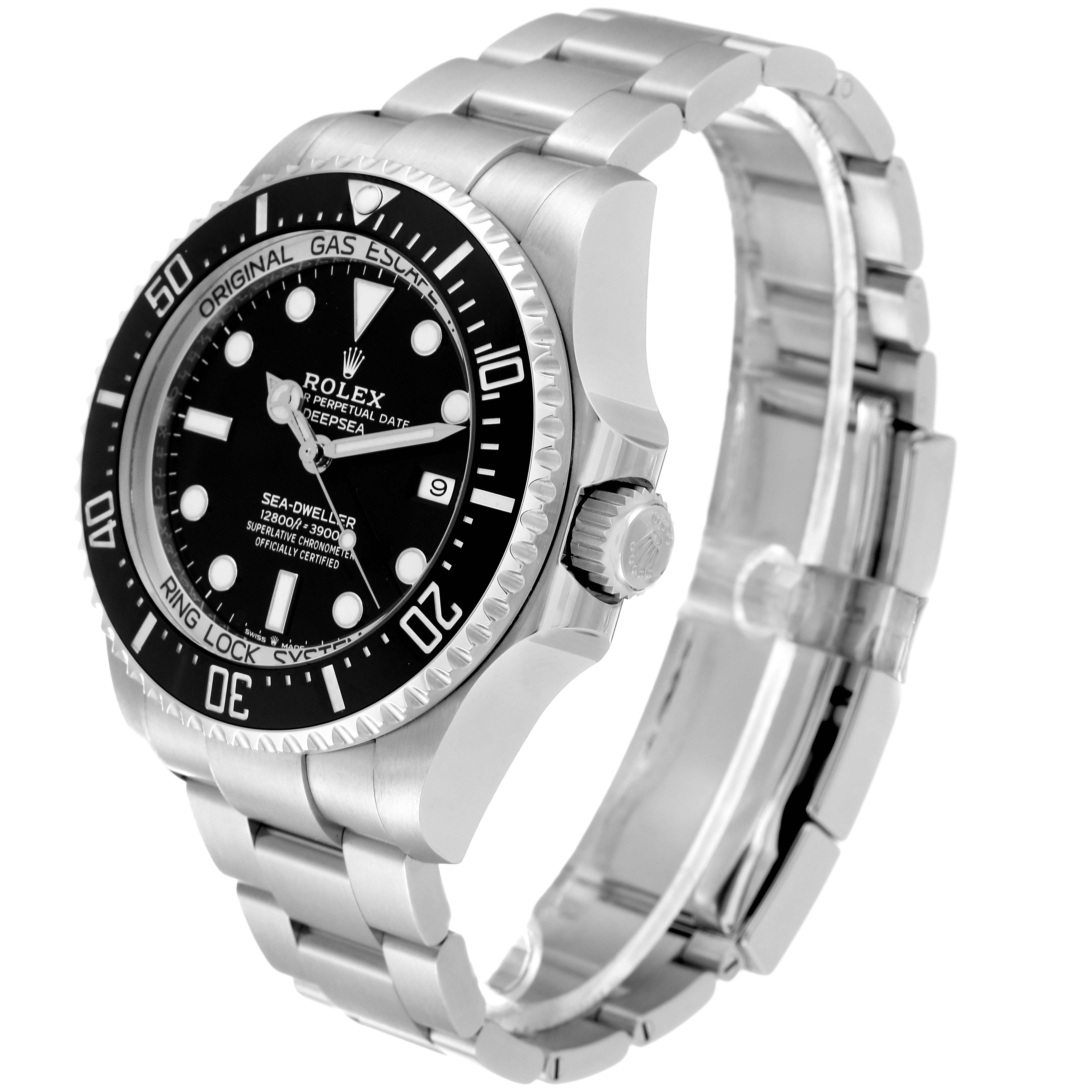 The Rolex Sea-Dweller 126660 Men
s Stainless Steel Black Dial watch is shown at a three-quarter angle, displaying the dial, bezel, crown, and bracelet.