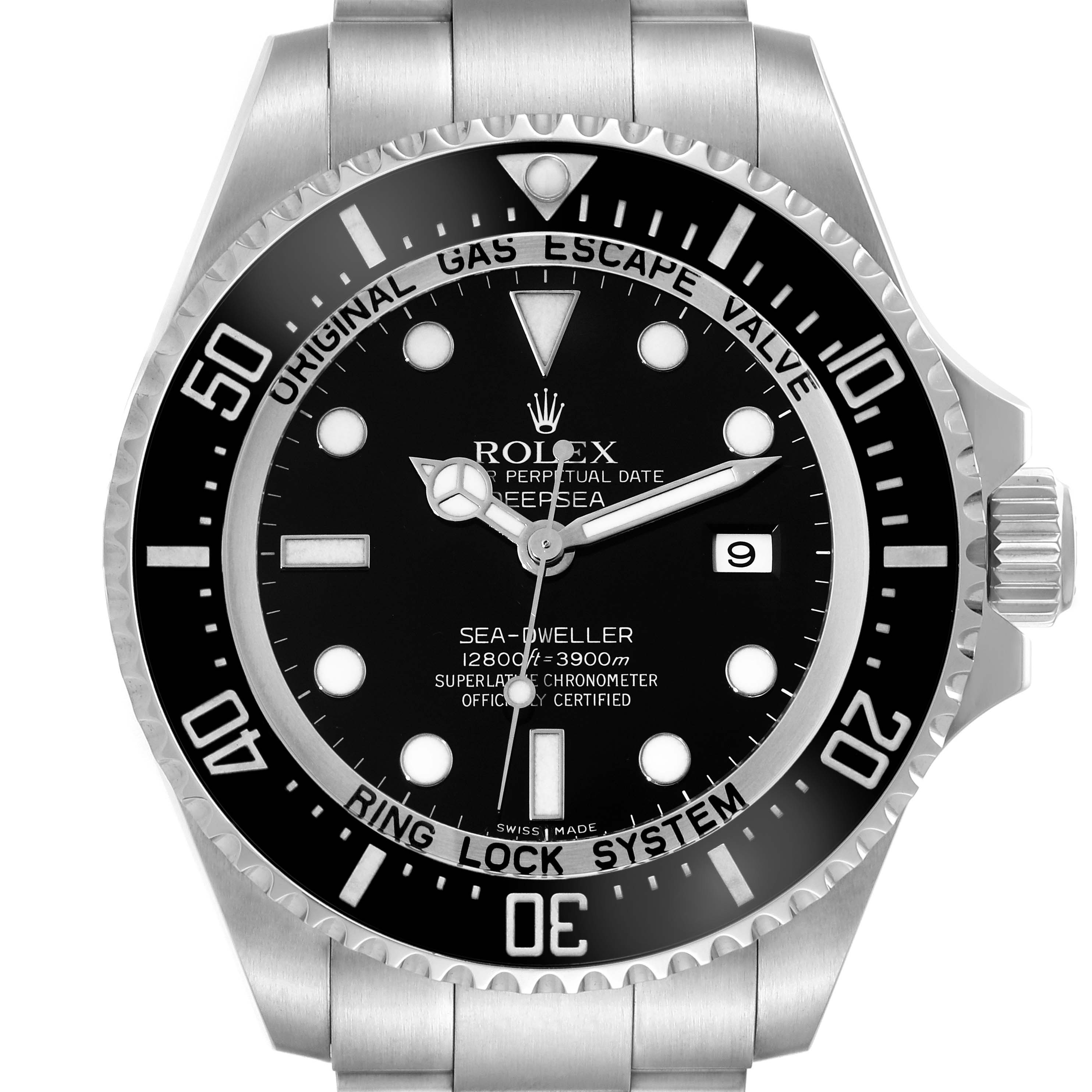 The image shows a front view of a Rolex Sea-Dweller 116660 Men
s Stainless Steel Black Dial 116660 Men
s Stainless Steel Black Dial watch, highlighting the dial, bezel, hands, and part of the bracelet.