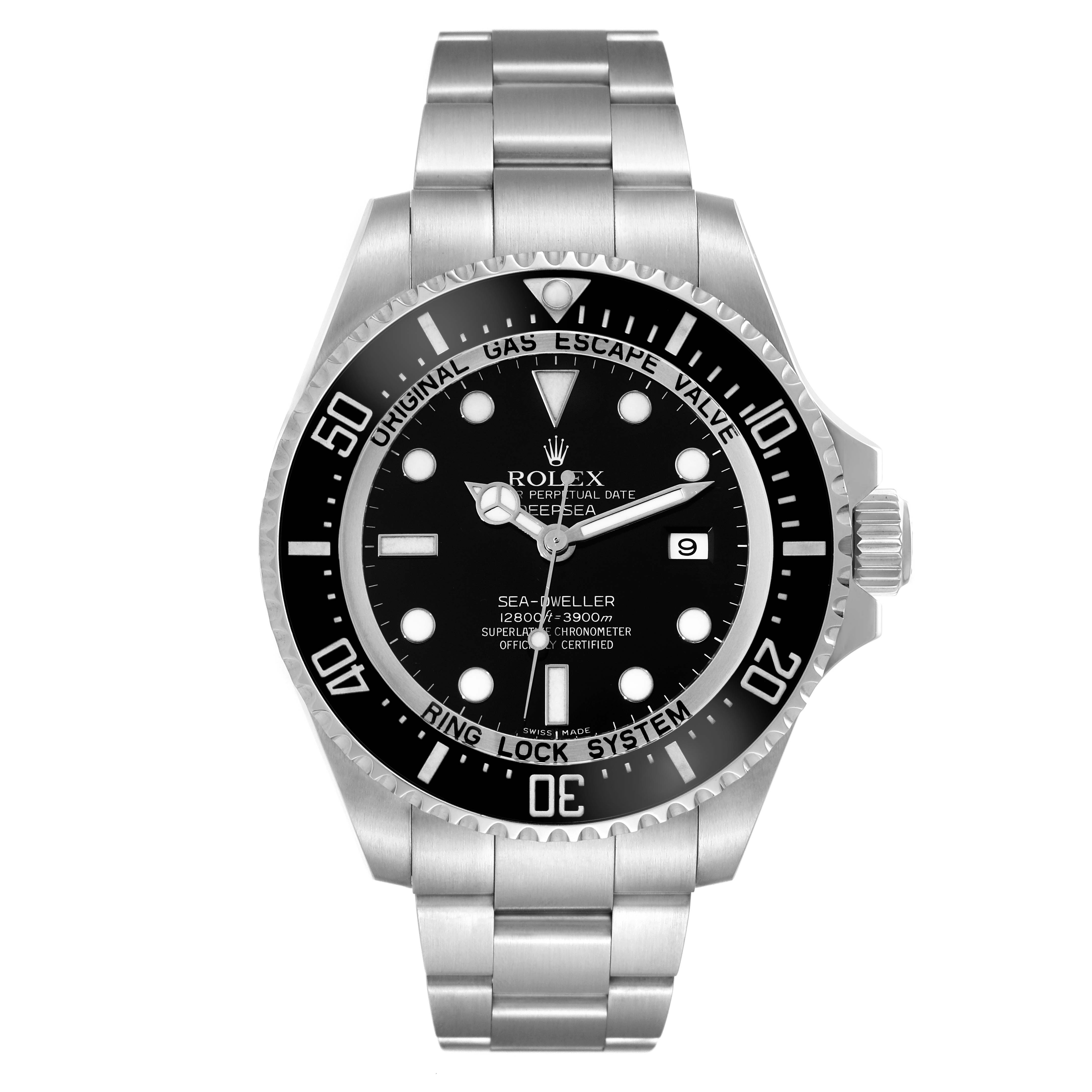 The image shows a front view of the Rolex Sea-Dweller 116660 Men
s Stainless Steel Black Dial 116660 Men
s Stainless Steel Black Dial watch, detailing its black dial, stainless steel bracelet, and bezel.