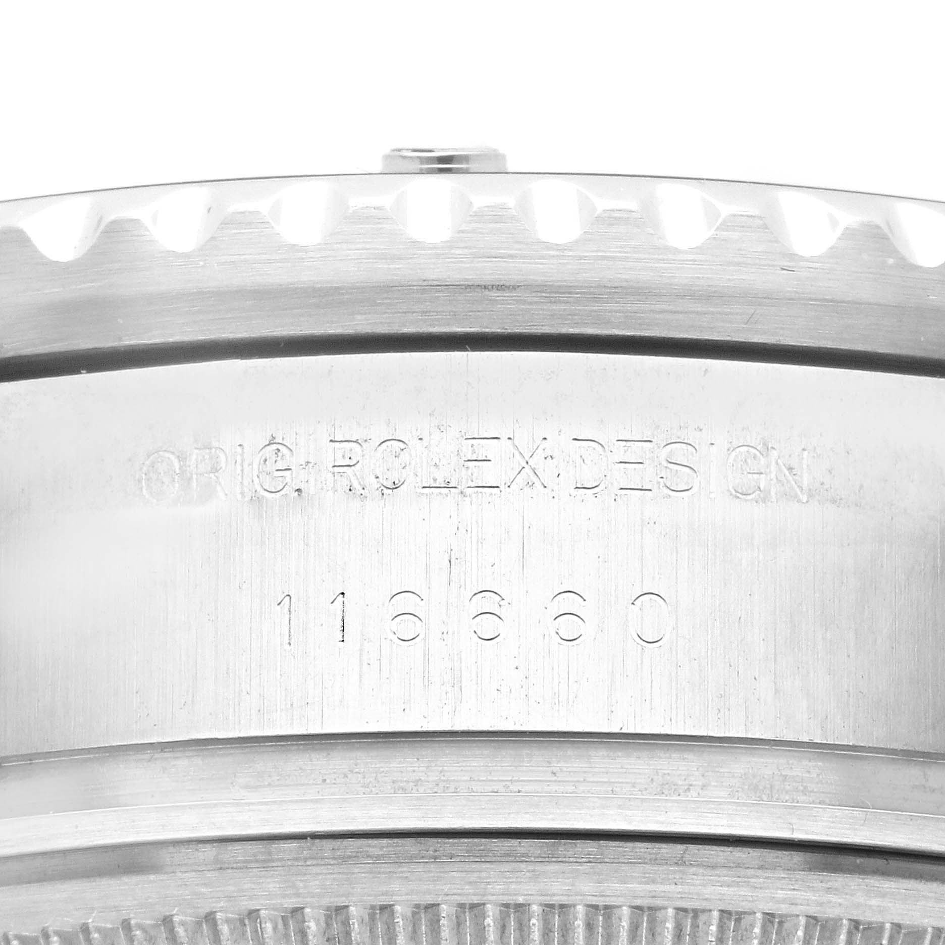 This image shows the engraved side case of a Rolex Sea-Dweller 116660 Men
s Stainless Steel Black Dial 116660 Men
s Stainless Steel Black Dial watch, featuring the text "ORIG ROLEX DESIGN" and the model number 116660.