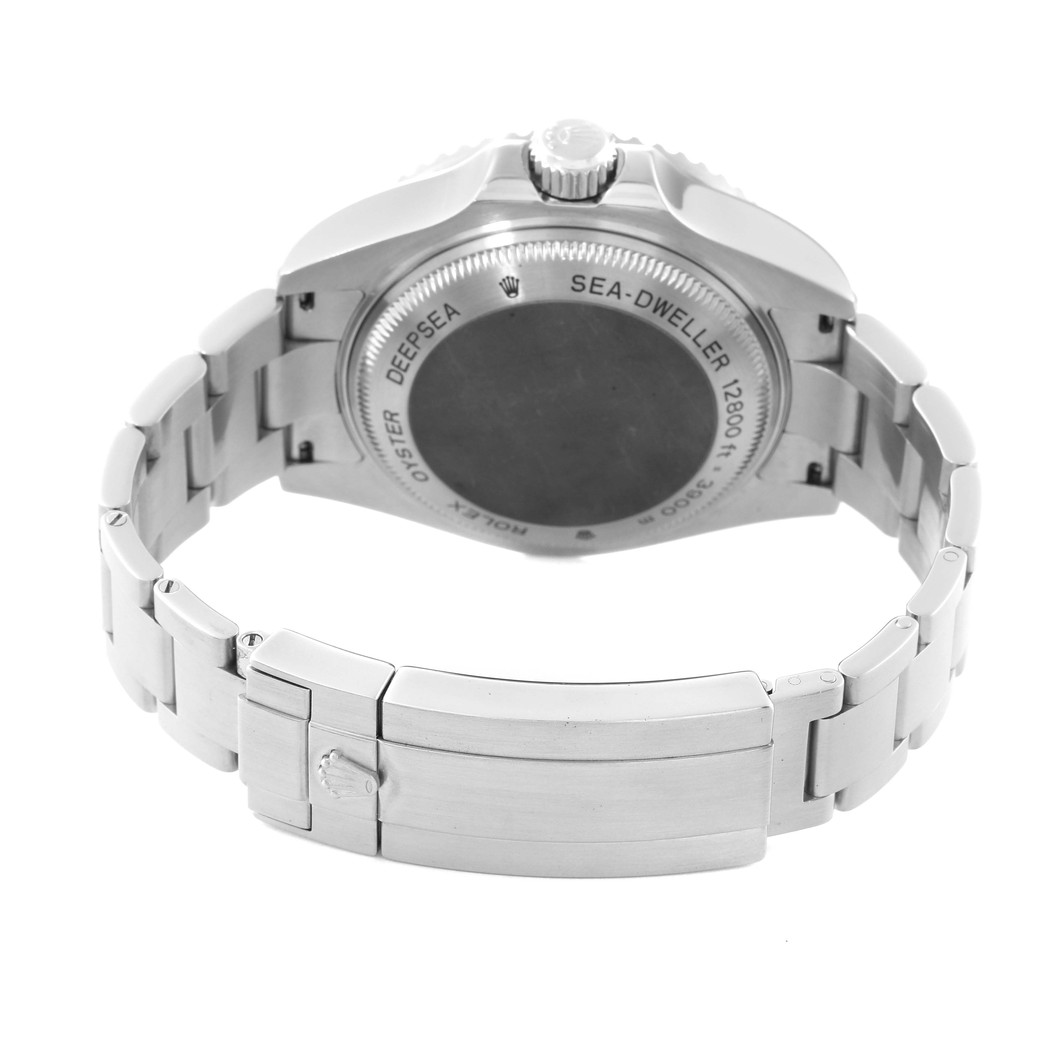 The image shows the back case and bracelet clasp of a Rolex Sea-Dweller 116660 Men
s Stainless Steel Black Dial 116660 Men
s Stainless Steel Black Dial watch from a rear-bottom angle.