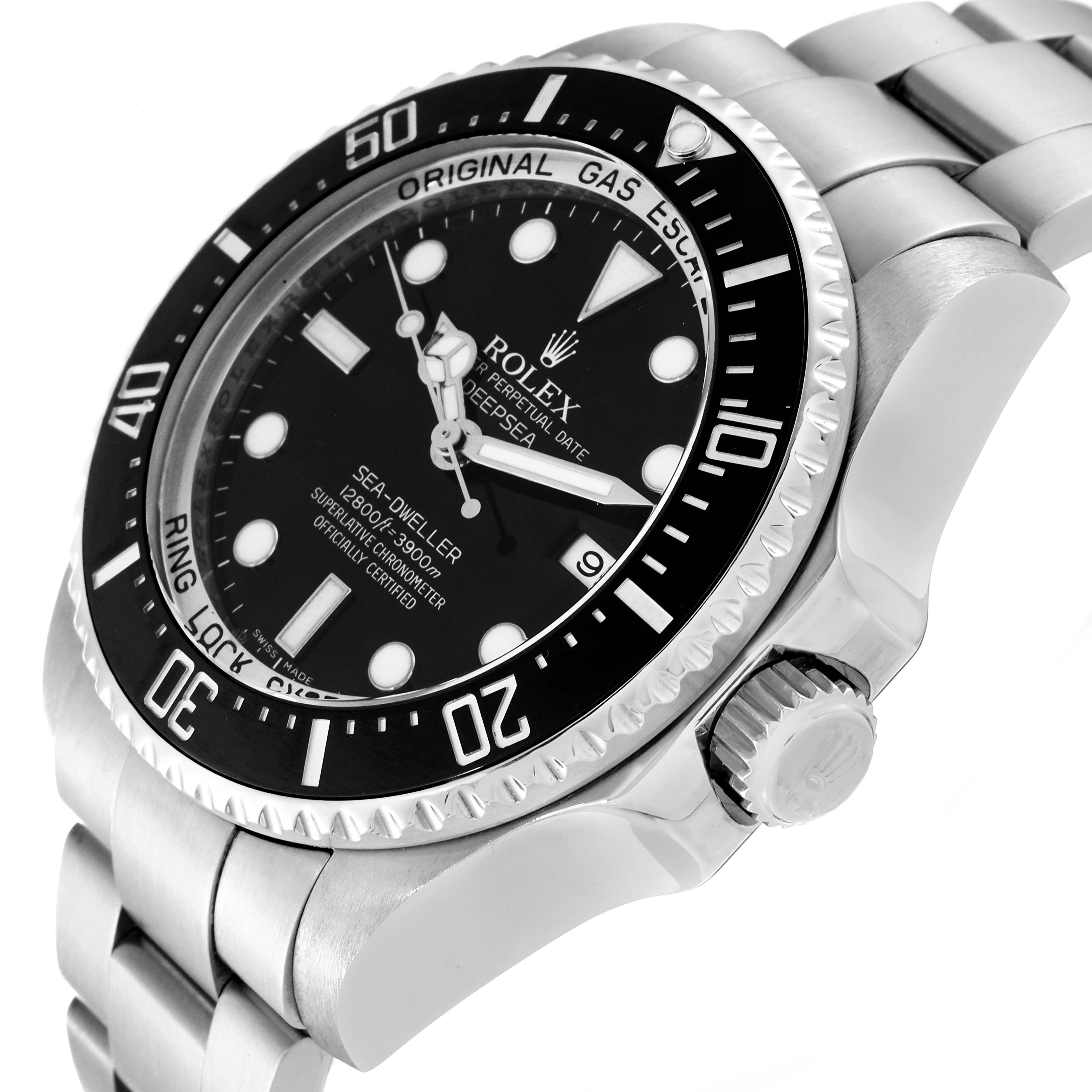 The image shows a side angle view of the Rolex Sea-Dweller 116660 Men
s Stainless Steel Black Dial 116660 Men
s Stainless Steel Black Dial watch, highlighting its bezel, dial, crown, and bracelet.