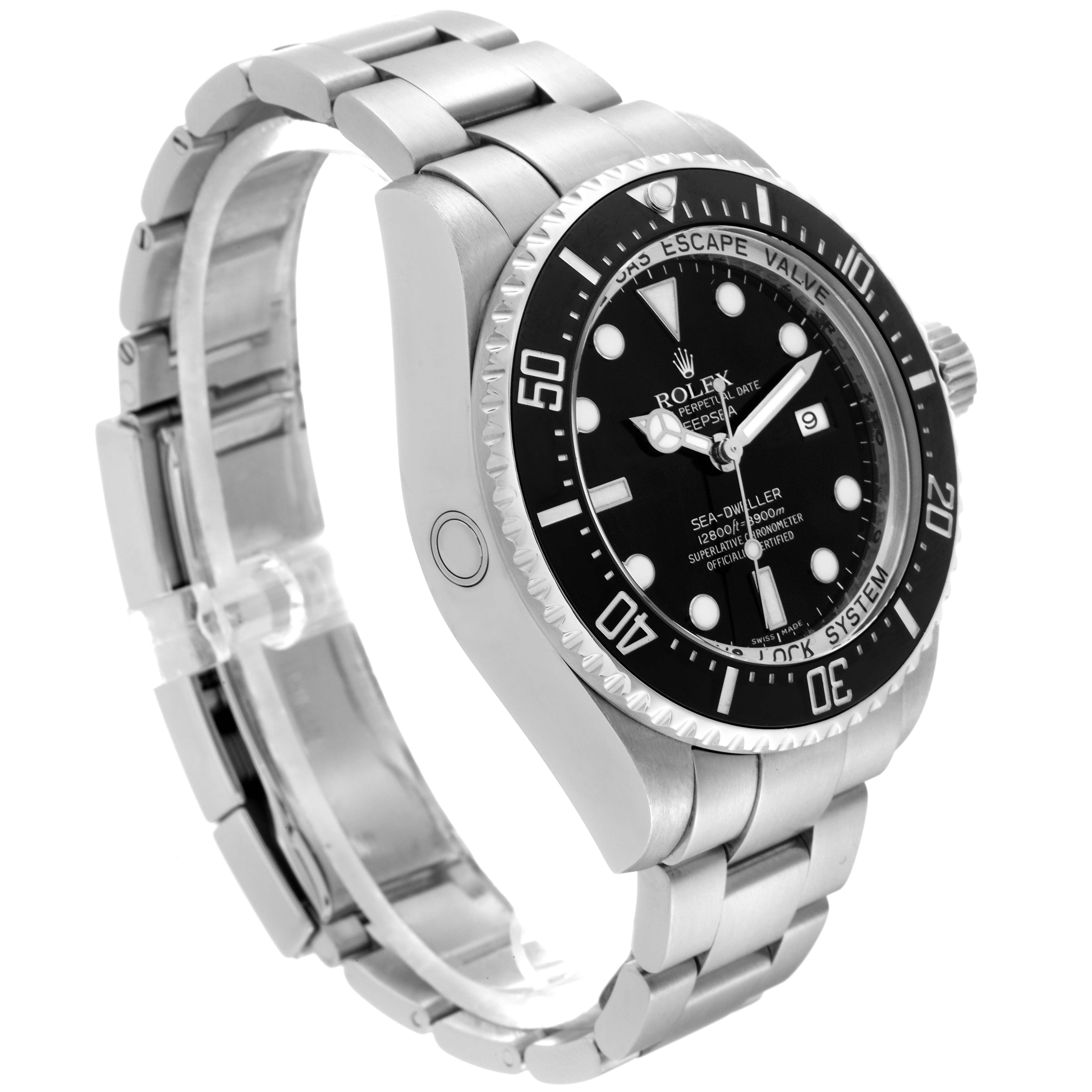 The image shows a side and angled view of a Rolex Sea-Dweller 116660 Men
s Stainless Steel Black Dial 116660 Men
s Stainless Steel Black Dial watch, featuring its bracelet, bezel, and dial.