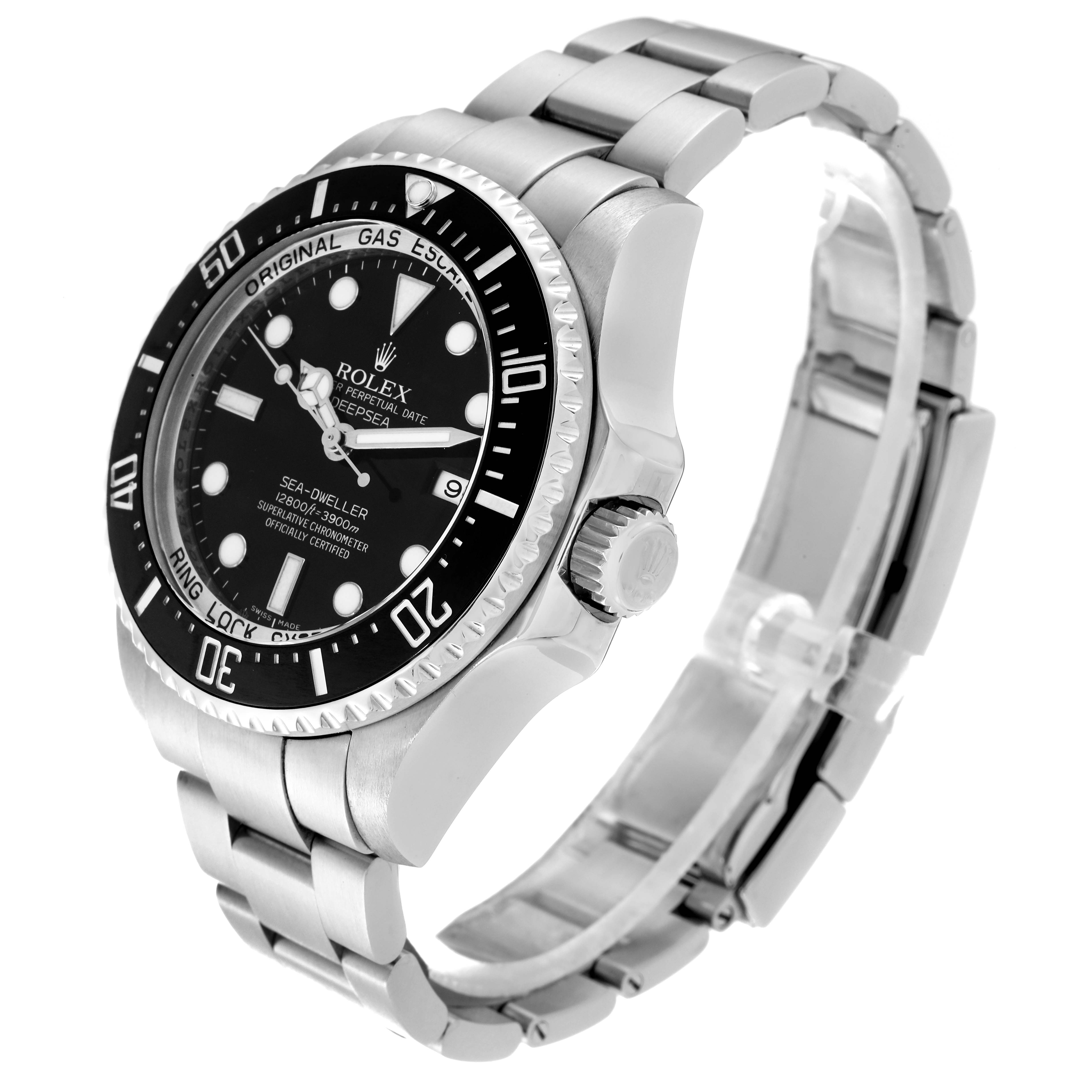 This image shows a Rolex Sea-Dweller 116660 Men
s Stainless Steel Black Dial 116660 Men
s Stainless Steel Black Dial watch at a slight angle, displaying its face, bezel, crown, and metal bracelet.