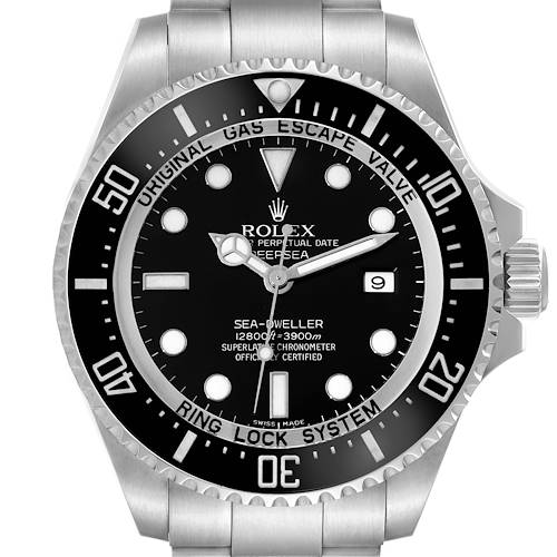 This image shows a front view of a Rolex Sea-Dweller watch, displaying its face, bezel, crown, and a portion of the bracelet.