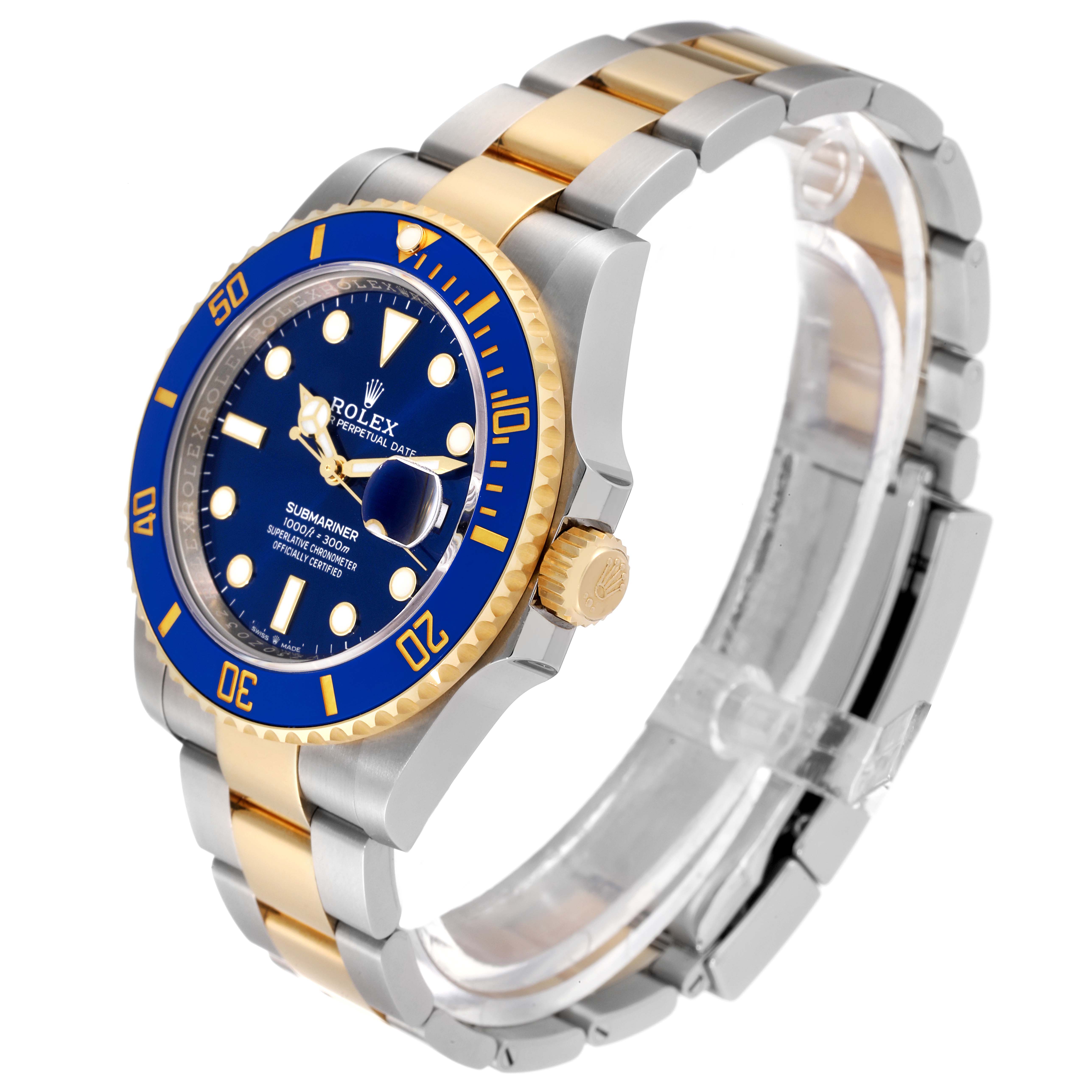 The image shows a Rolex Submariner 126613 Men
s Steel and Gold (two tone) Blue Dial 126613 Men
s Steel and Gold (two tone) Blue Dial watch at an angled side view, highlighting the blue and gold bezel, dial, and metal bracelet.