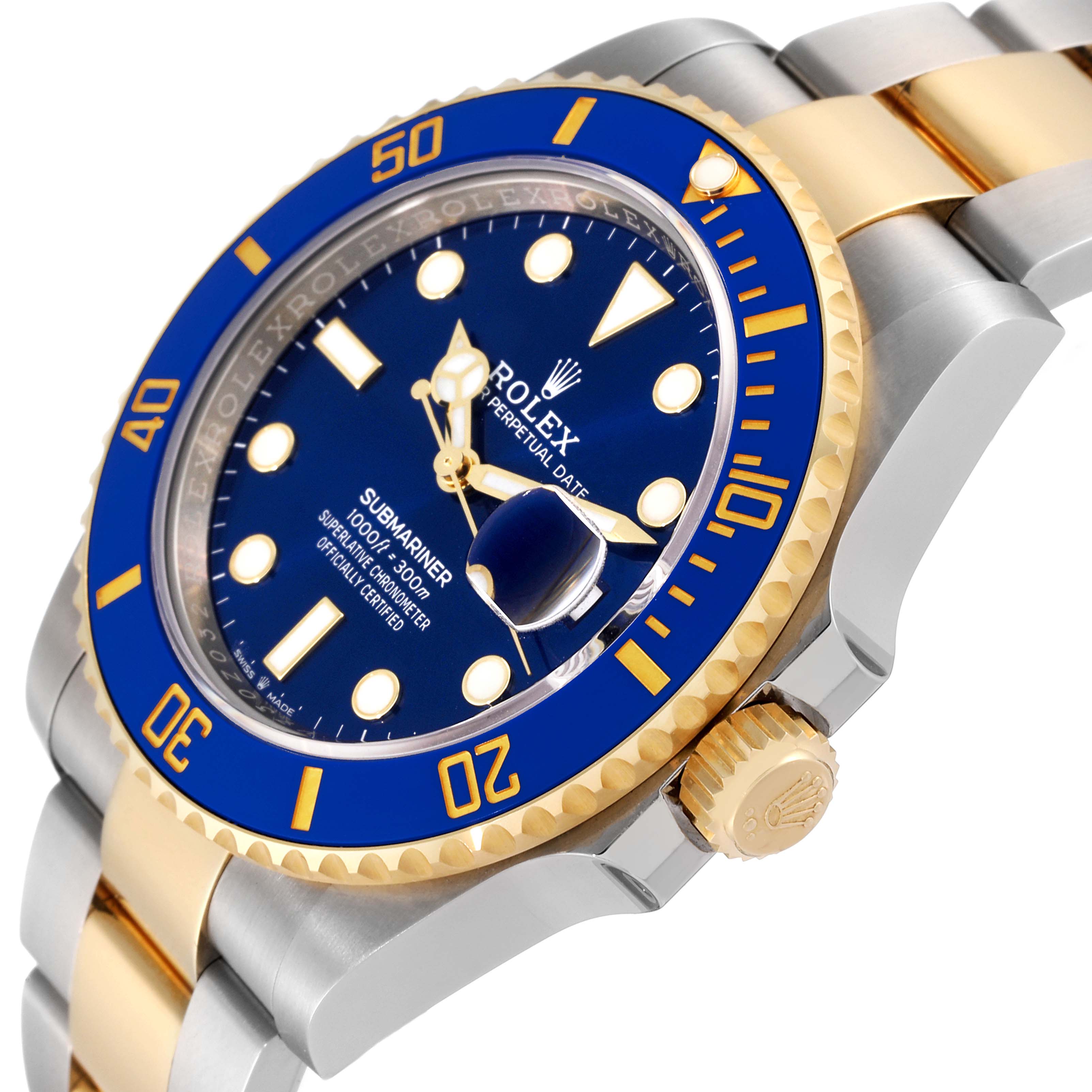 This image shows a side angle of the Rolex Submariner 126613 Men
s Steel and Gold (two tone) Blue Dial 126613 Men
s Steel and Gold (two tone) Blue Dial, highlighting its blue bezel, crown, and part of the metal bracelet.