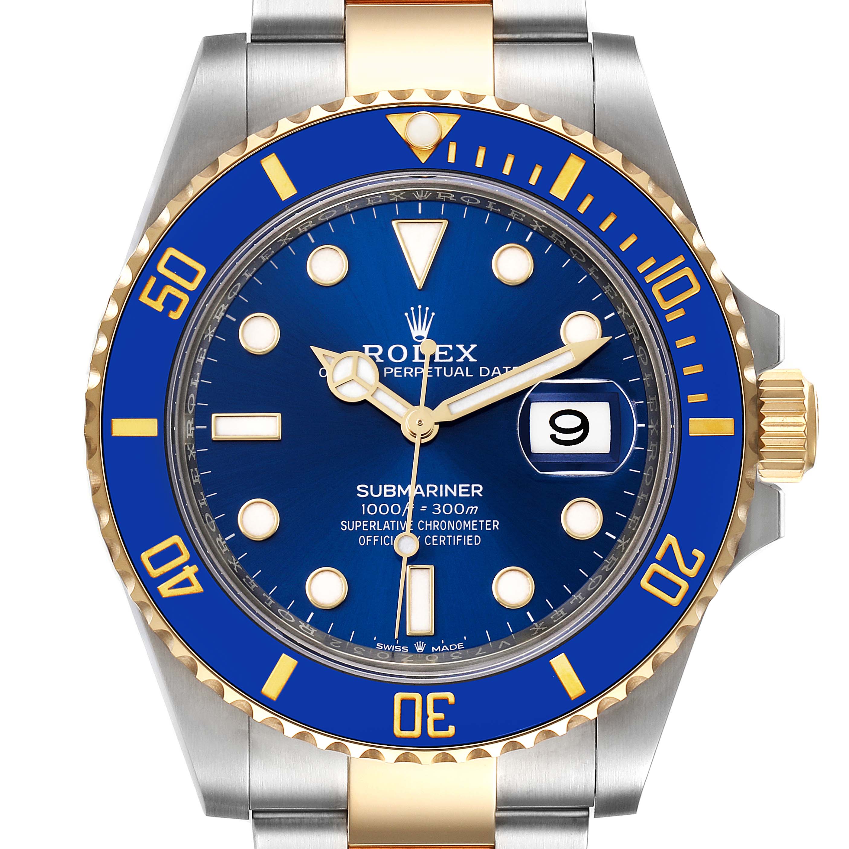 This image shows a front view of a Rolex Submariner 126613 Men
s Steel and Gold (two tone) Blue Dial 126613 Men
s Steel and Gold (two tone) Blue Dial watch highlighting its blue dial, bezel, and two-tone band.