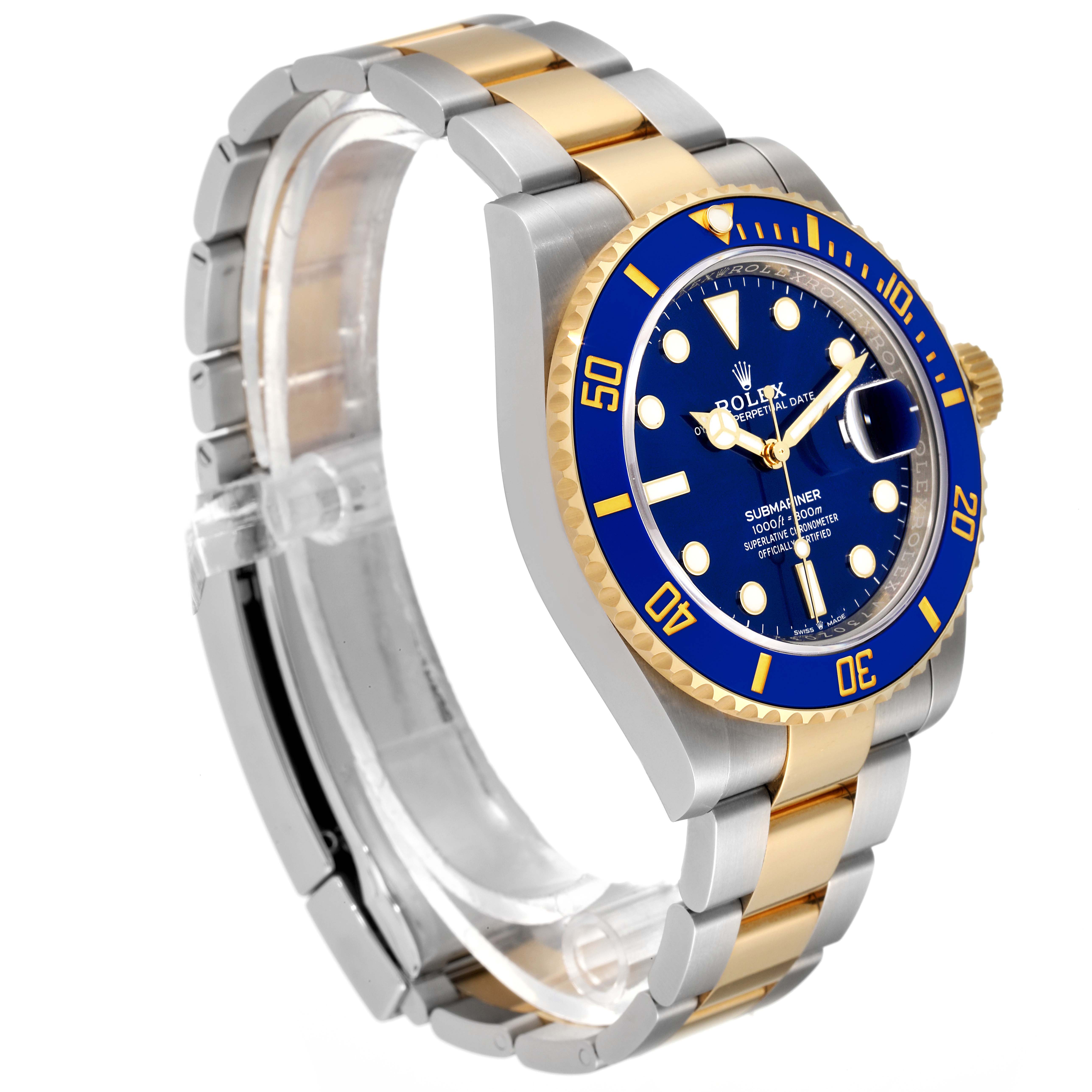 This image shows a side and front angle of the Rolex Submariner 126613 Men
s Steel and Gold (two tone) Blue Dial 126613 Men
s Steel and Gold (two tone) Blue Dial watch, highlighting its blue dial, bezel, and two-tone bracelet.
