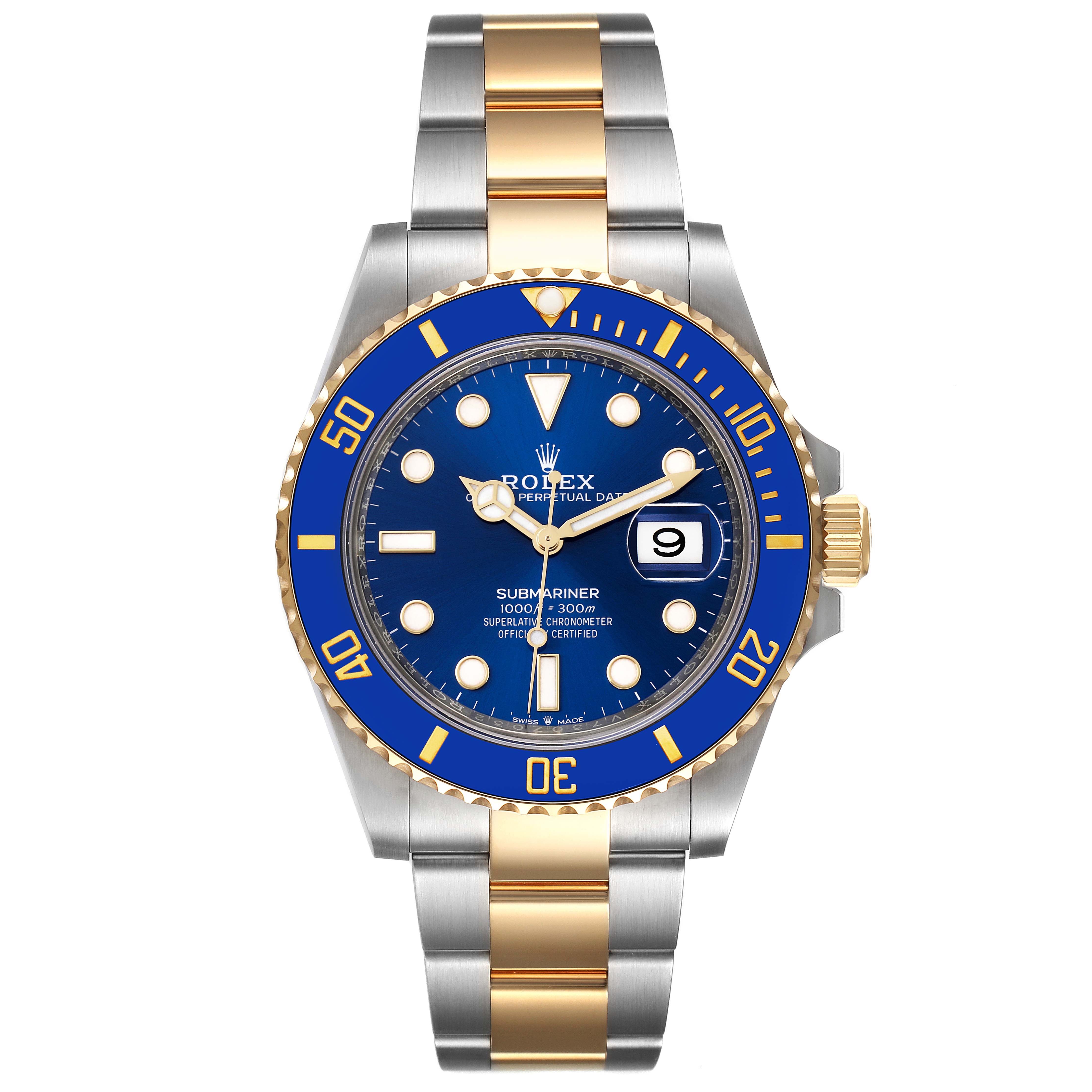 The image shows a front view of a Rolex Submariner 126613 Men
s Steel and Gold (two tone) Blue Dial 126613 Men
s Steel and Gold (two tone) Blue Dial, highlighting its blue dial, gold accents, and two-tone bracelet.