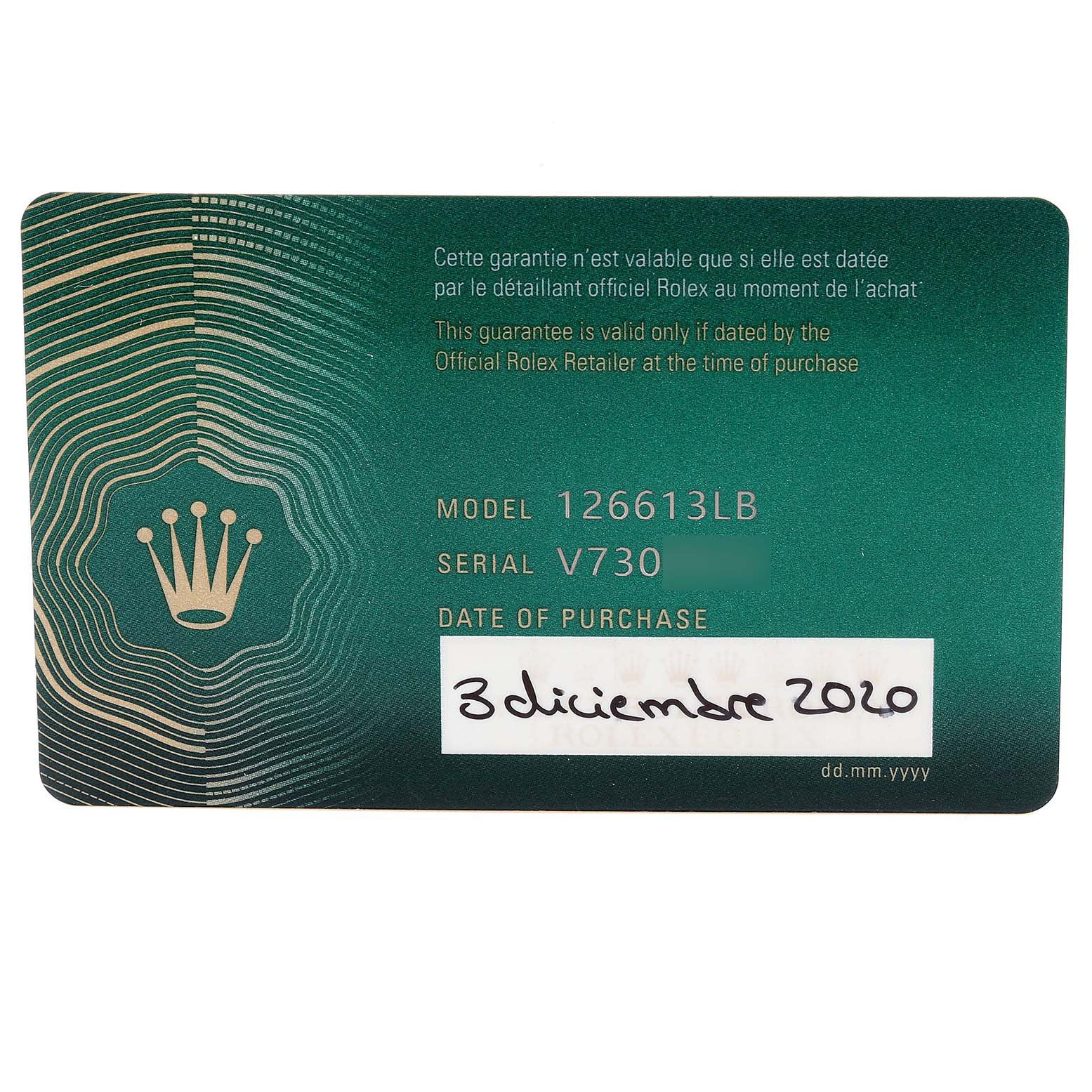 This image shows a Rolex Submariner 126613 Men
s Steel and Gold (two tone) Blue Dial 126613 Men
s Steel and Gold (two tone) Blue Dial warranty card with model number 126613LB, serial number V730, and purchase date of December 3, 2020.