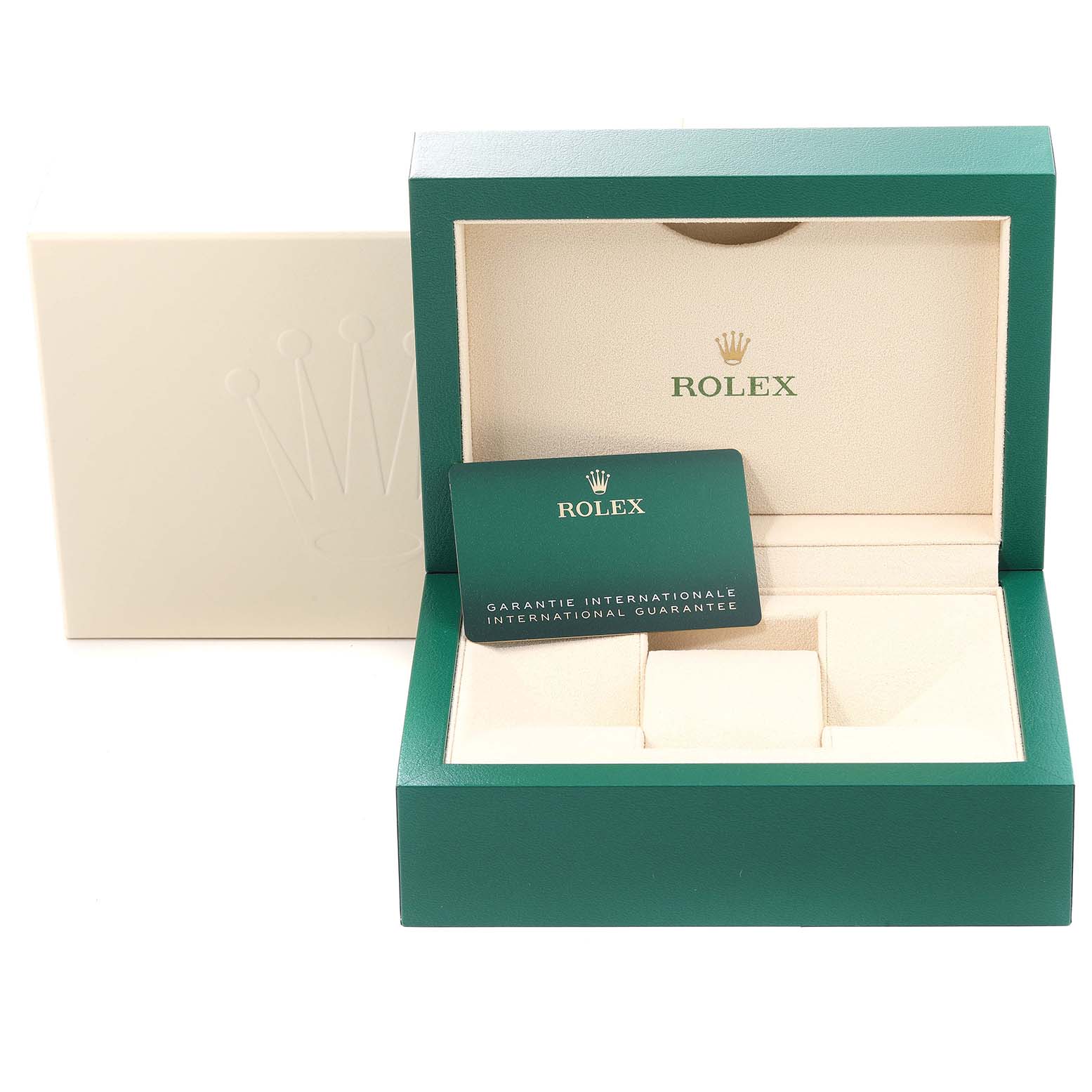 The image shows the opened green box and international guarantee card for a Rolex Submariner 126613 Men's Steel and Gold (two tone) Blue Dial 126613 Men's Steel and Gold (two tone) Blue Dial watch.